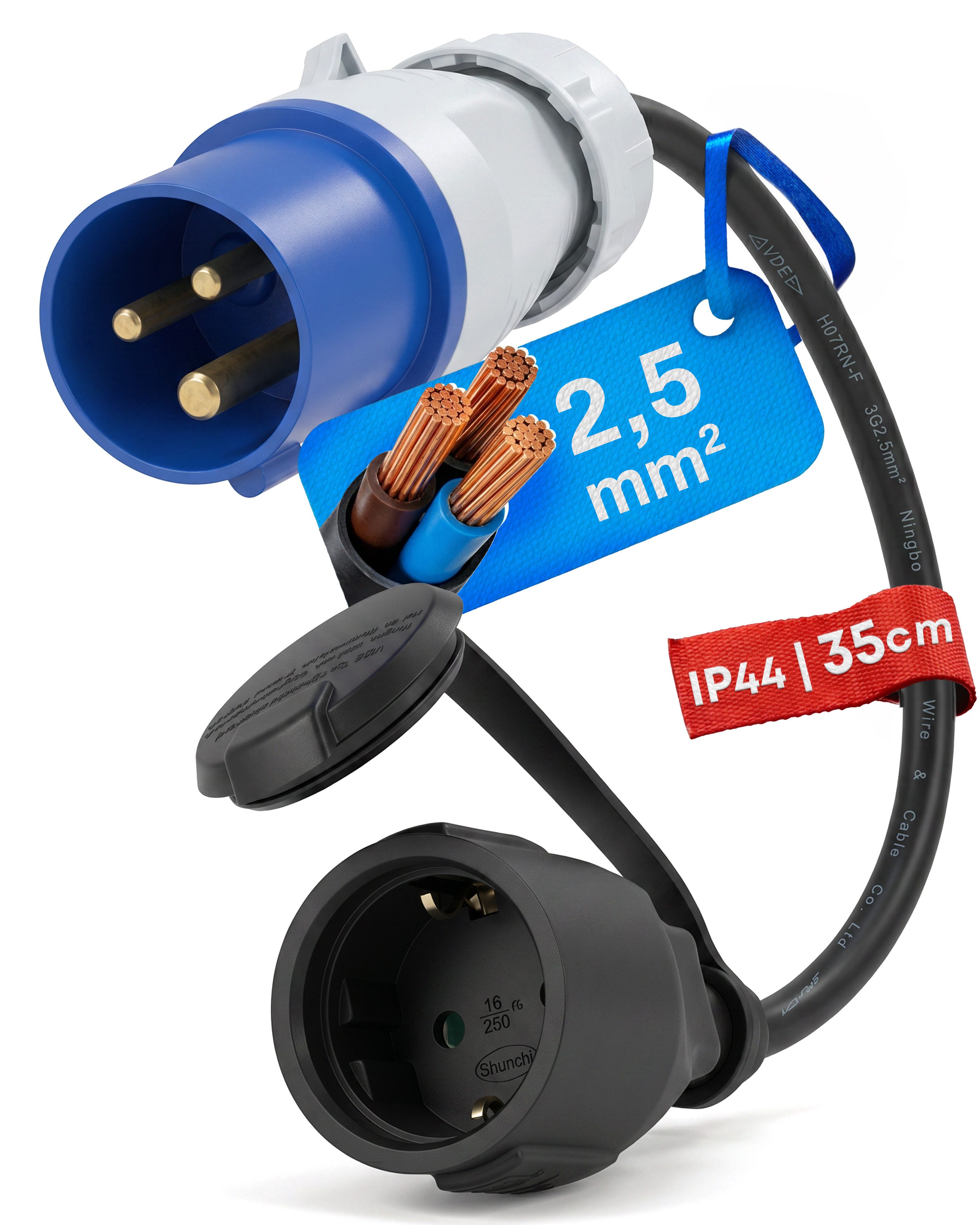 feletec CEE Adapter CEE Stecker auf Schuko Kupplung, 35cm Länge, IP44 CEE-Adapterkabel