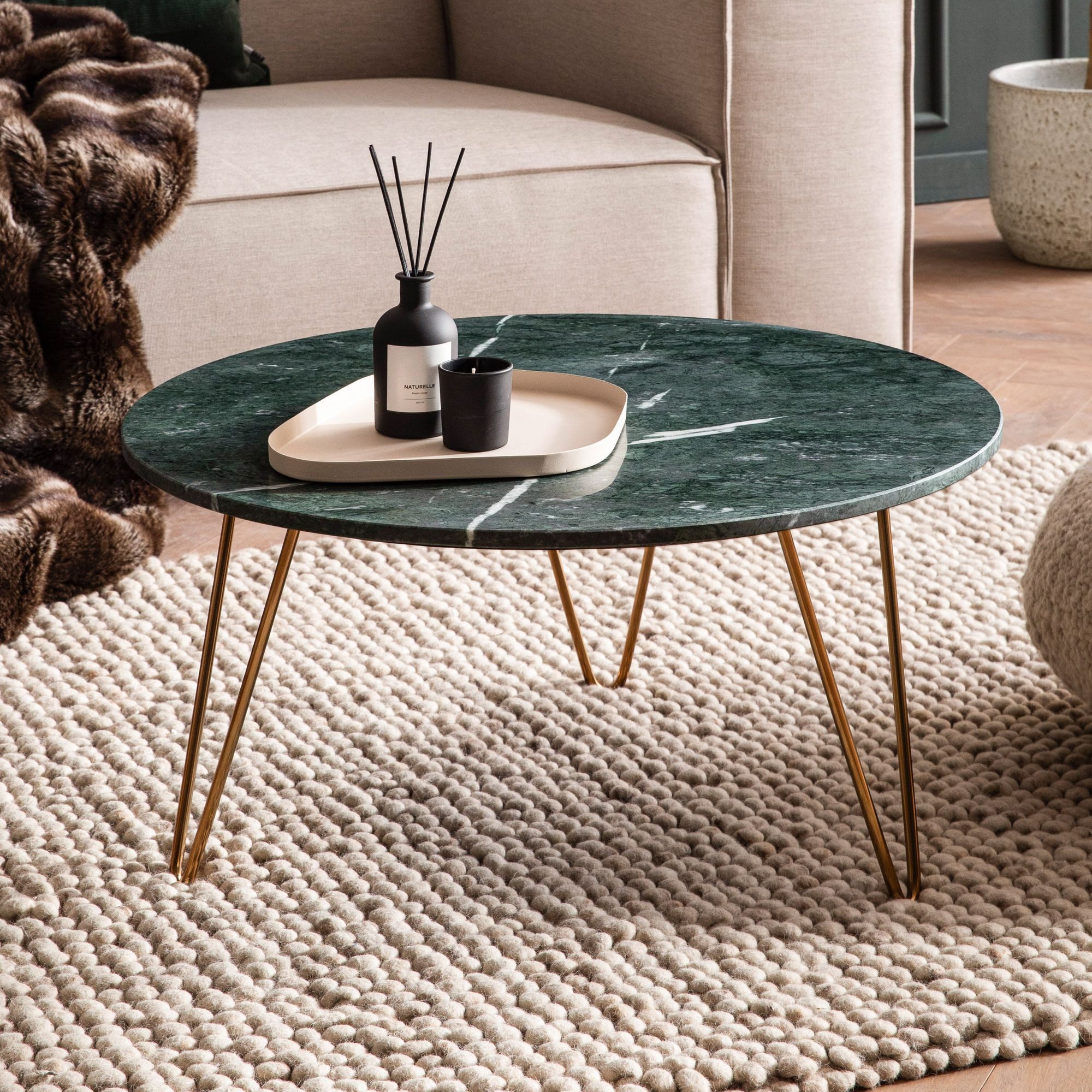 FINEBUY Couchtisch FB107736 Sofatisch Echter Marmor Ø 70 cm Tisch Wohnzimmertisch Rund (Echter Marmor Grün 70x70x35 cm Loungetisch Metall), Wohnzimmertisch Rund Modern, Dreibein Sofatisch