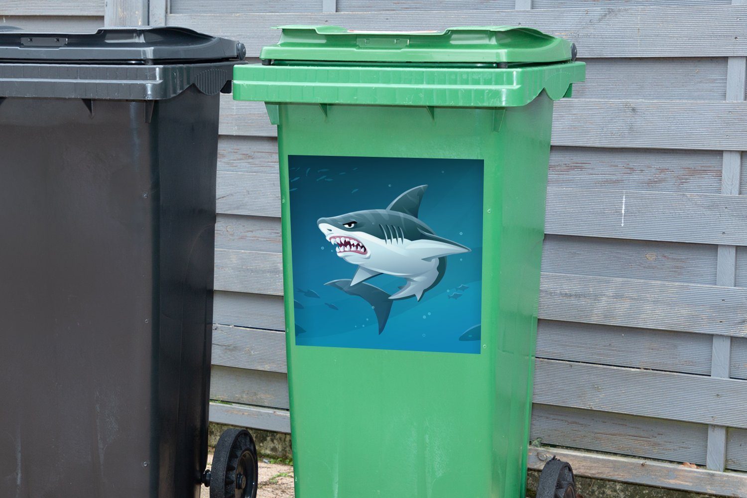 Mülltonne, weißen Wandsticker Sticker, Container, Hais eines Mülleimer-aufkleber, Abfalbehälter Eine St), im Ozean Illustration MuchoWow wütenden (1