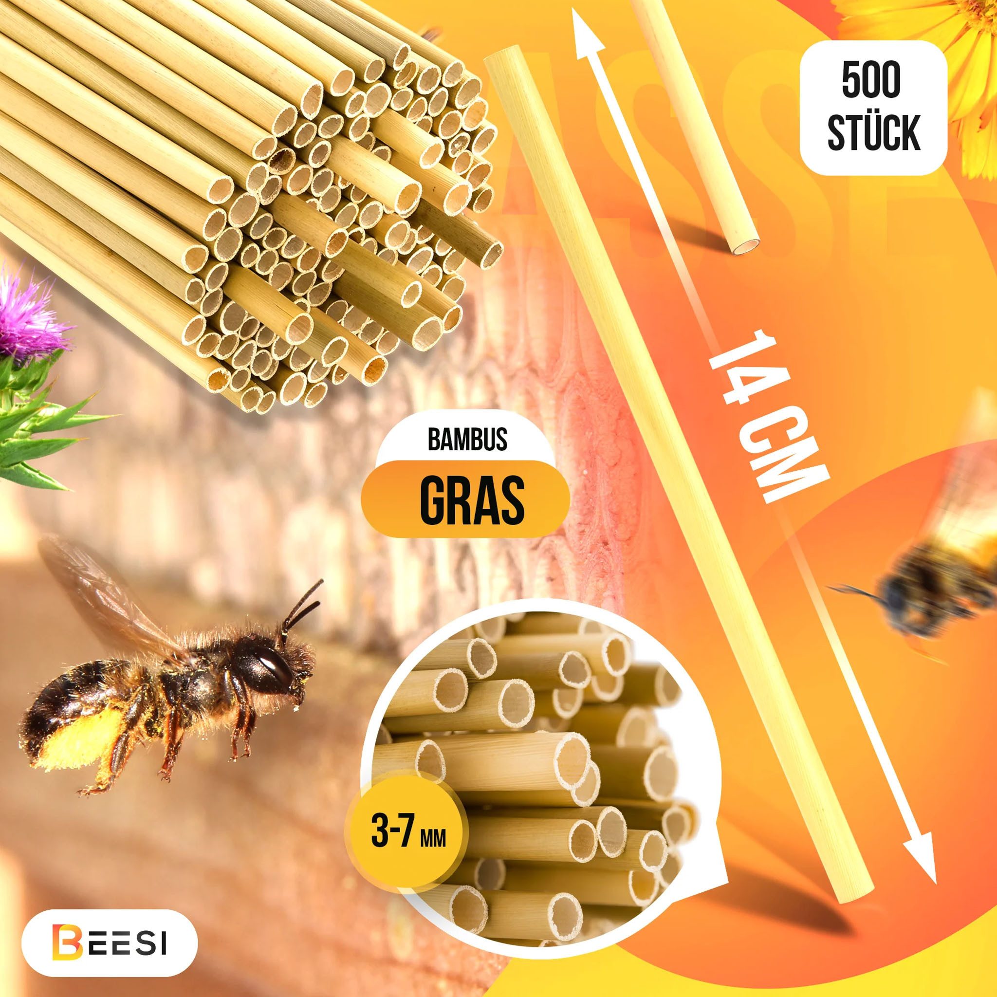 BEESI Insektenhotel 500x Bambusgras für Insektenhotel I 14 cm Länge I 3-7mm ⌀, (Packung, 500-St., 500x Bambusgras für Insektenhotel I 14 cm Länge I 3-7mm), 16T x 30B x 5H cm