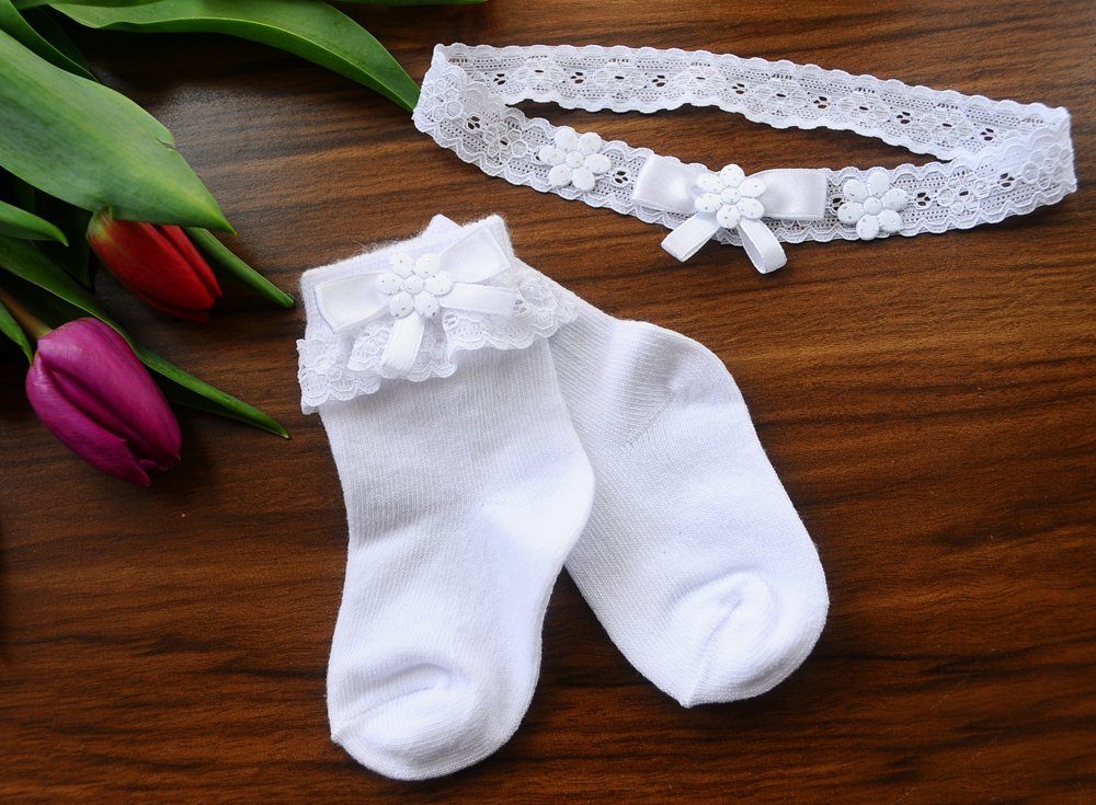 La Bortini Socken weiß und für Strümpfe Kinder Rüschen Baby Stirnband festlich Socken