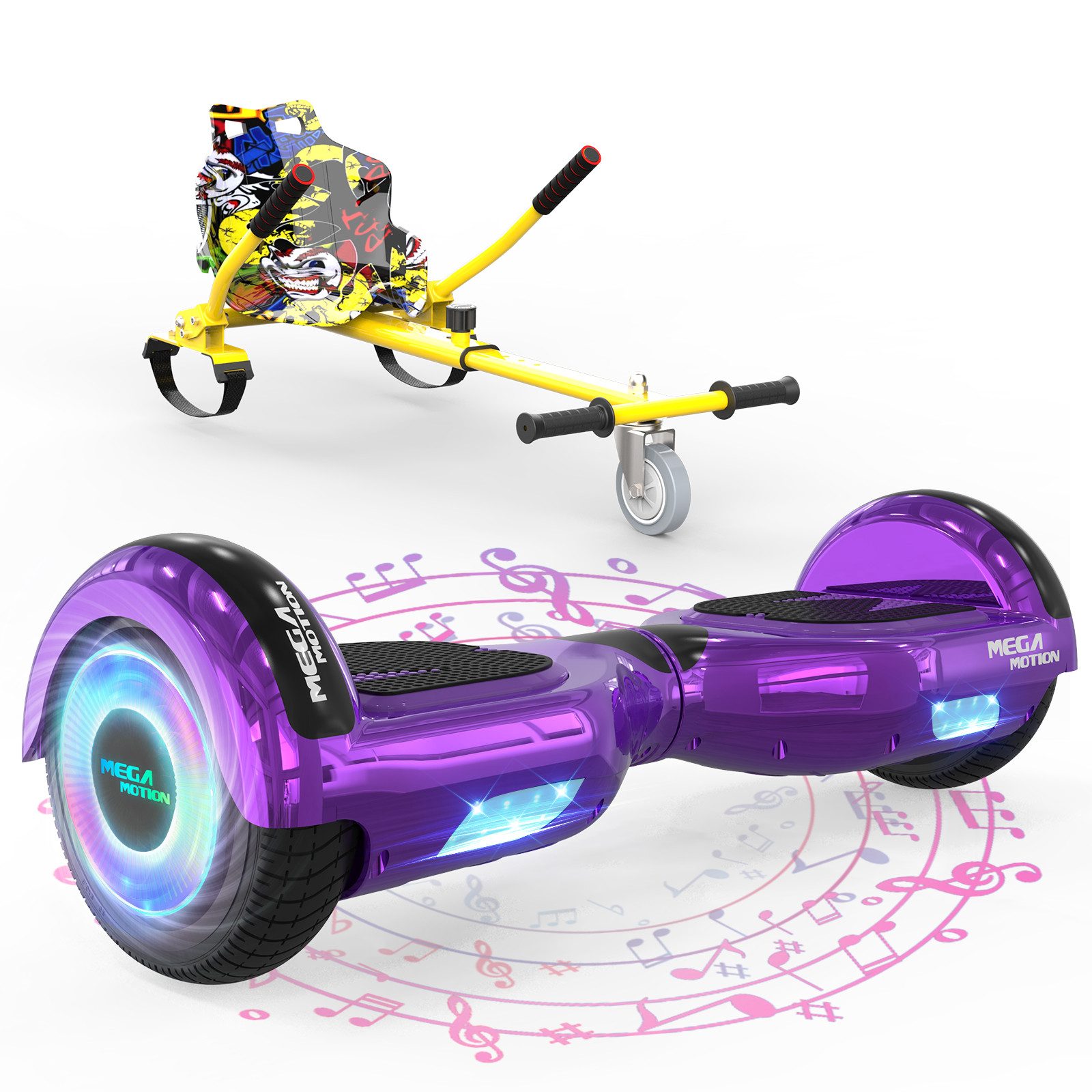 Mega Motion Balance Scooter 6.5 Zoll Hoverboards Hoverkart Mit Sitz und Bluetooth und LED-Blitz