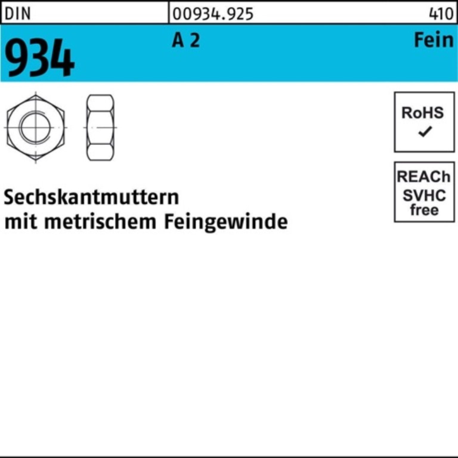 Reyher 934 934 50 Muttern 1 (70) Sechskantmutter M10x DIN 2 DIN A Pack 100er Stück