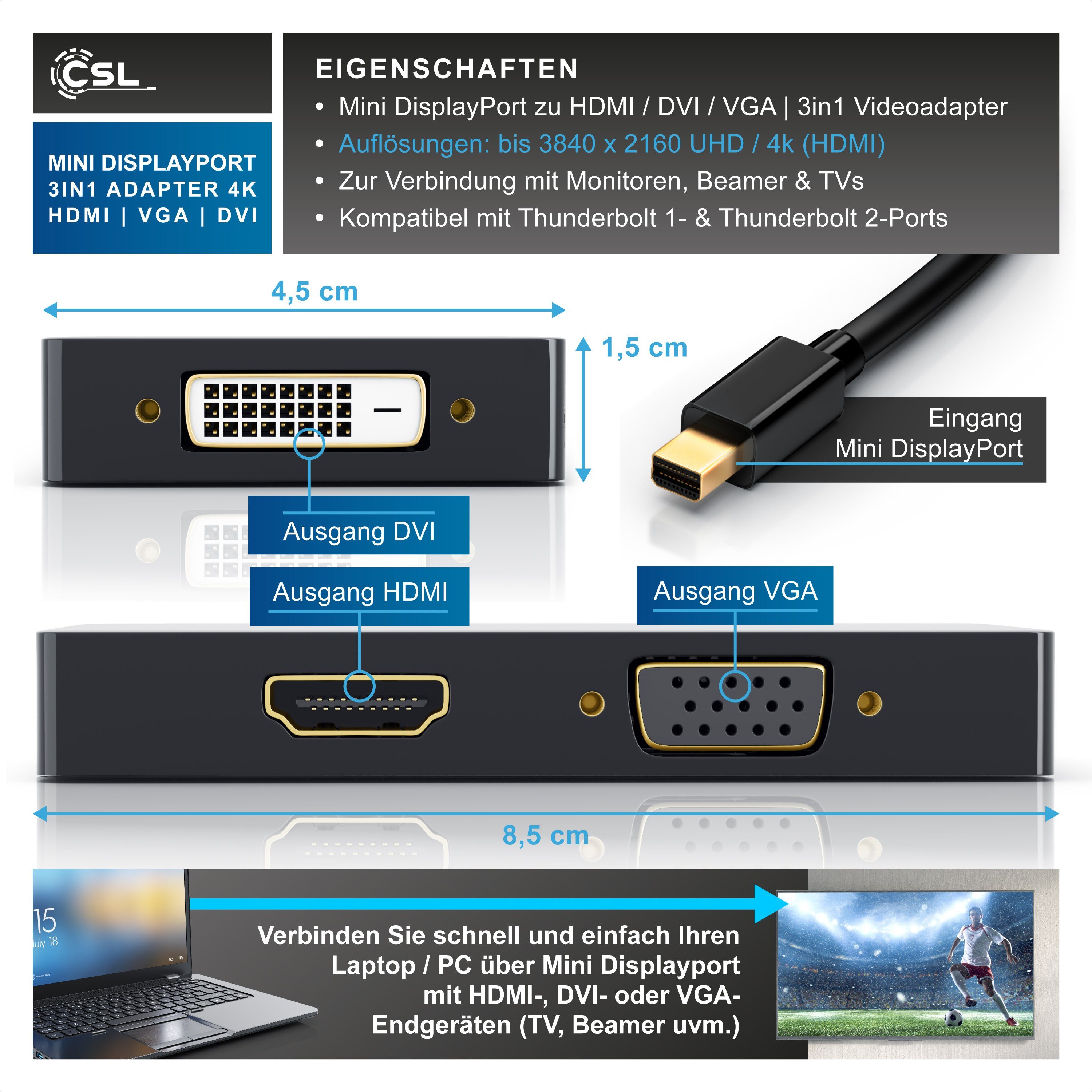 CSL 4k 3in1 Displayport 1.2 Adapter, Konverter Kabel 3840x2160 UHD 2160p Audio- & Video-Adapter Mini DisplayPort zu HDMI, DVI, VGA, 15 cm, Mini DP kompatibel mit PC MAC, Video und Audio-Übertragung