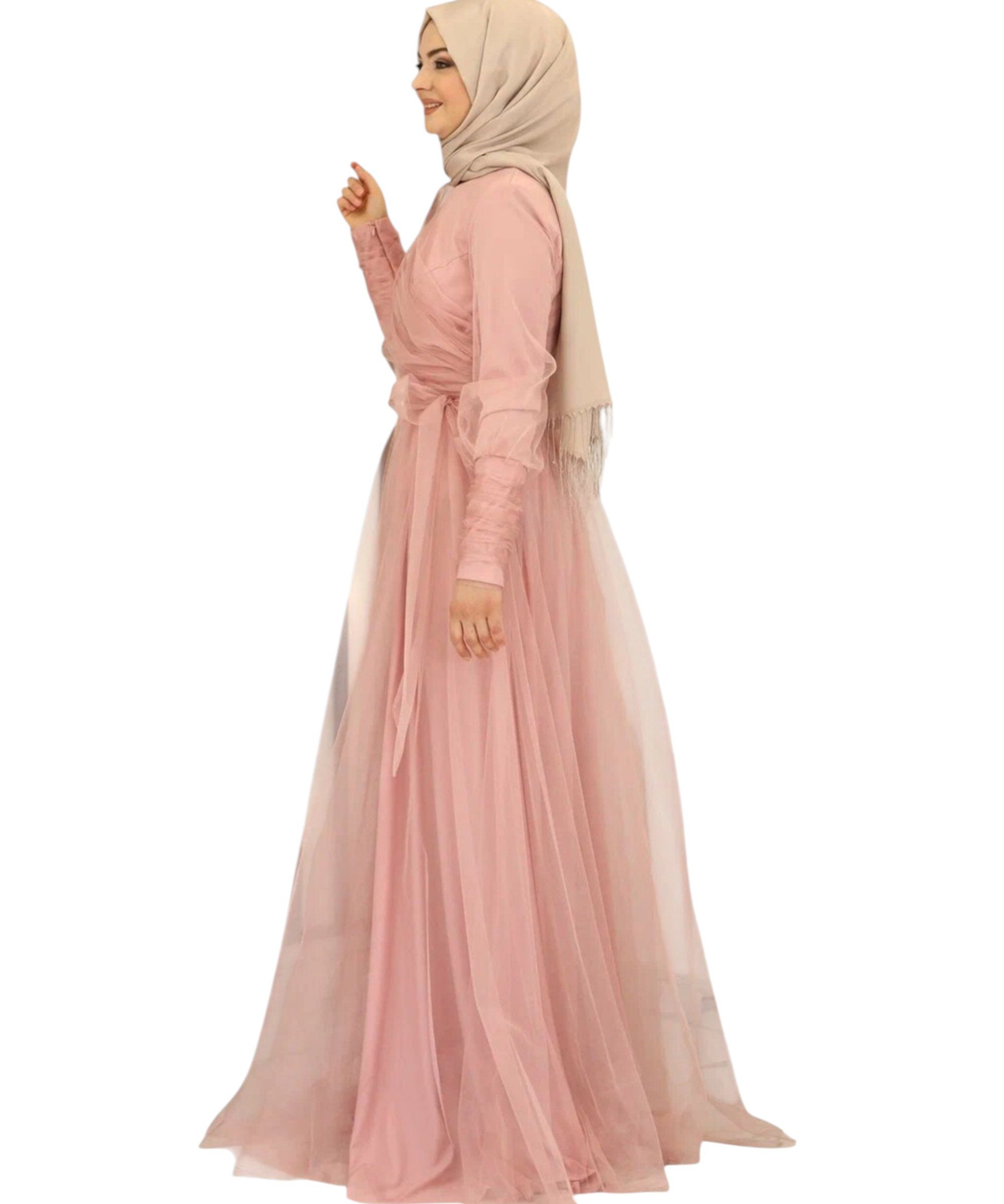 Modavitrini Tüllkleid Maxikleid langarm Abendkleid festlich elegant mit Gürtel bodenlang gefüttert, blickdicht