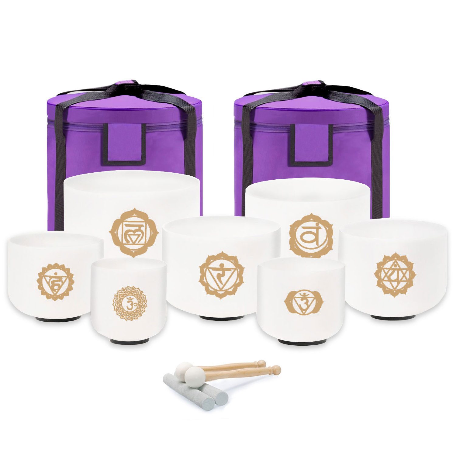 keepdrum Klangschalen keepdrum Klangschalen-Set Chakra Set Gold 6-12 Zoll mit Zubehör,Klangschalen, 7-teiliges Quarz-Klangschalen Set