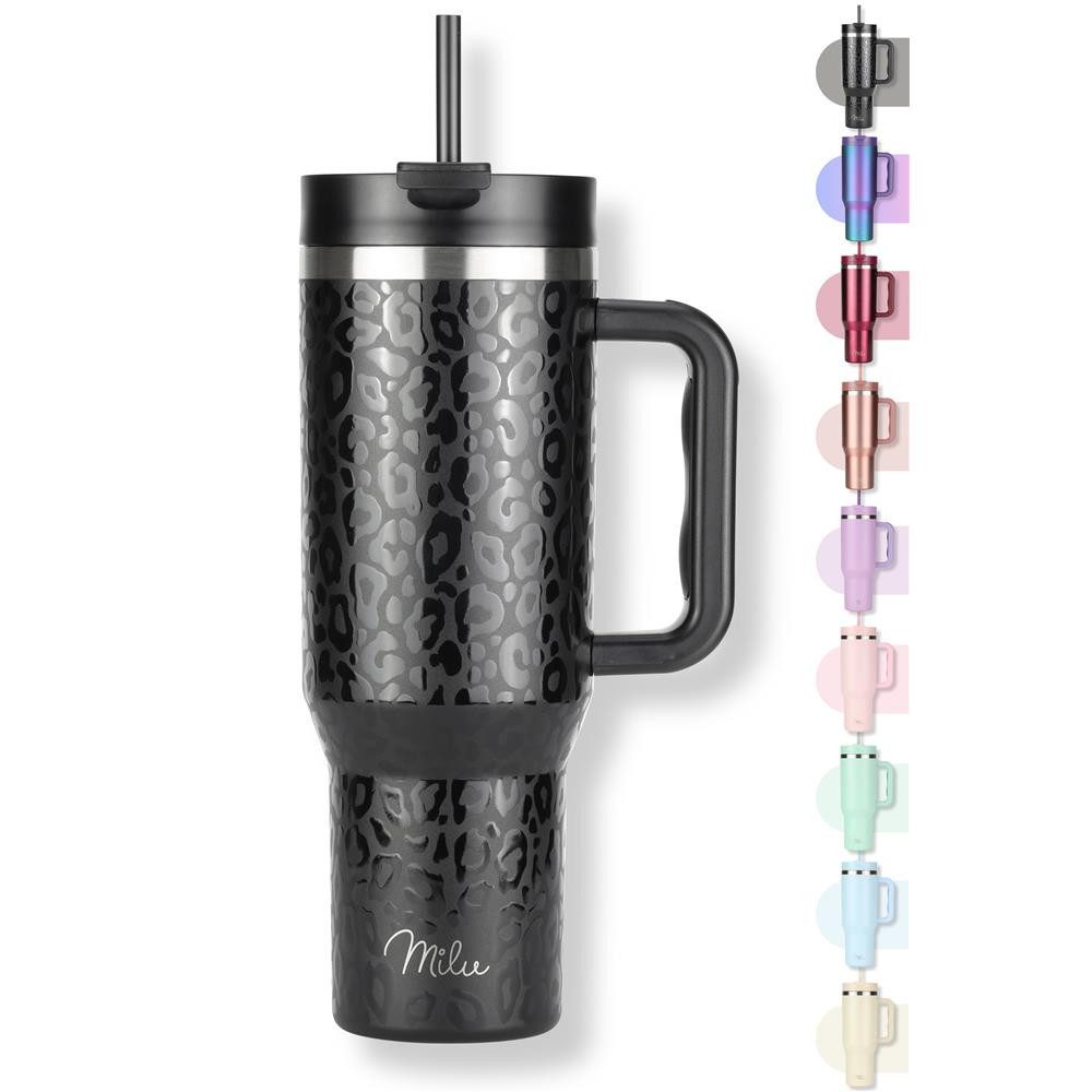 Milu Thermobecher 1,2L Tumbler Black Leopard, mit Strohhalm und Henkel, Edelstahl, Trinkflasche, 3D Design, schwarz