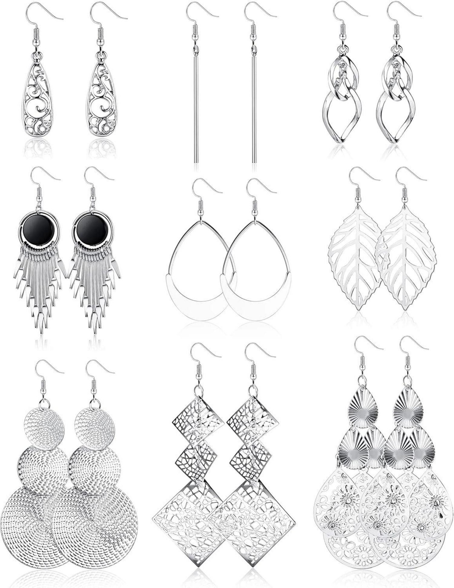 Ohrring und Ketten Set 9 Paare Hängende Ohrringe Edelstahl Damen Boho Twist Lang Silber/Gold