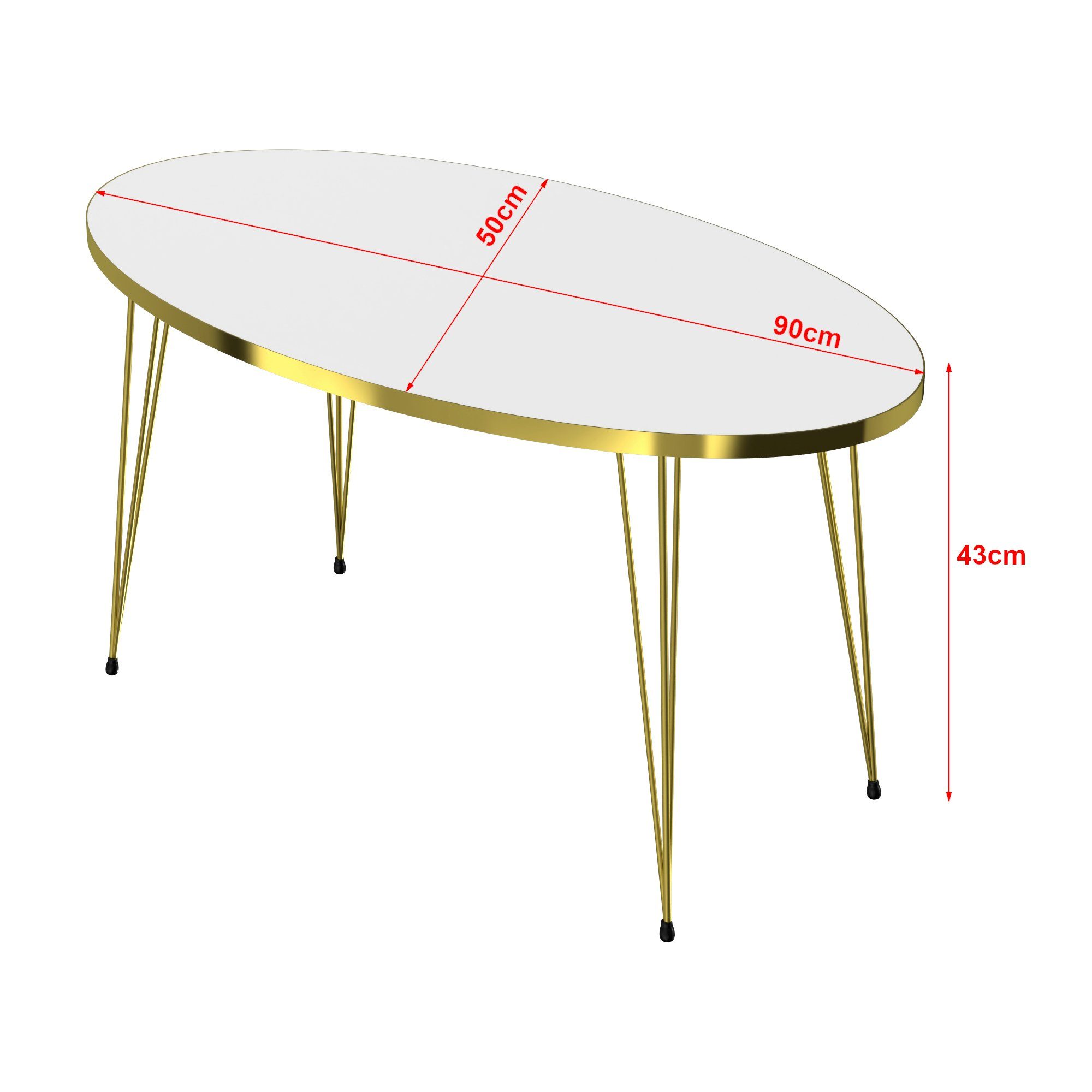 / x 50 Gold x 43 / »Skævinge« 90 Weiß / Weiß oval Couchtisch, Gold Gold Sofatisch Weiß | en.casa cm