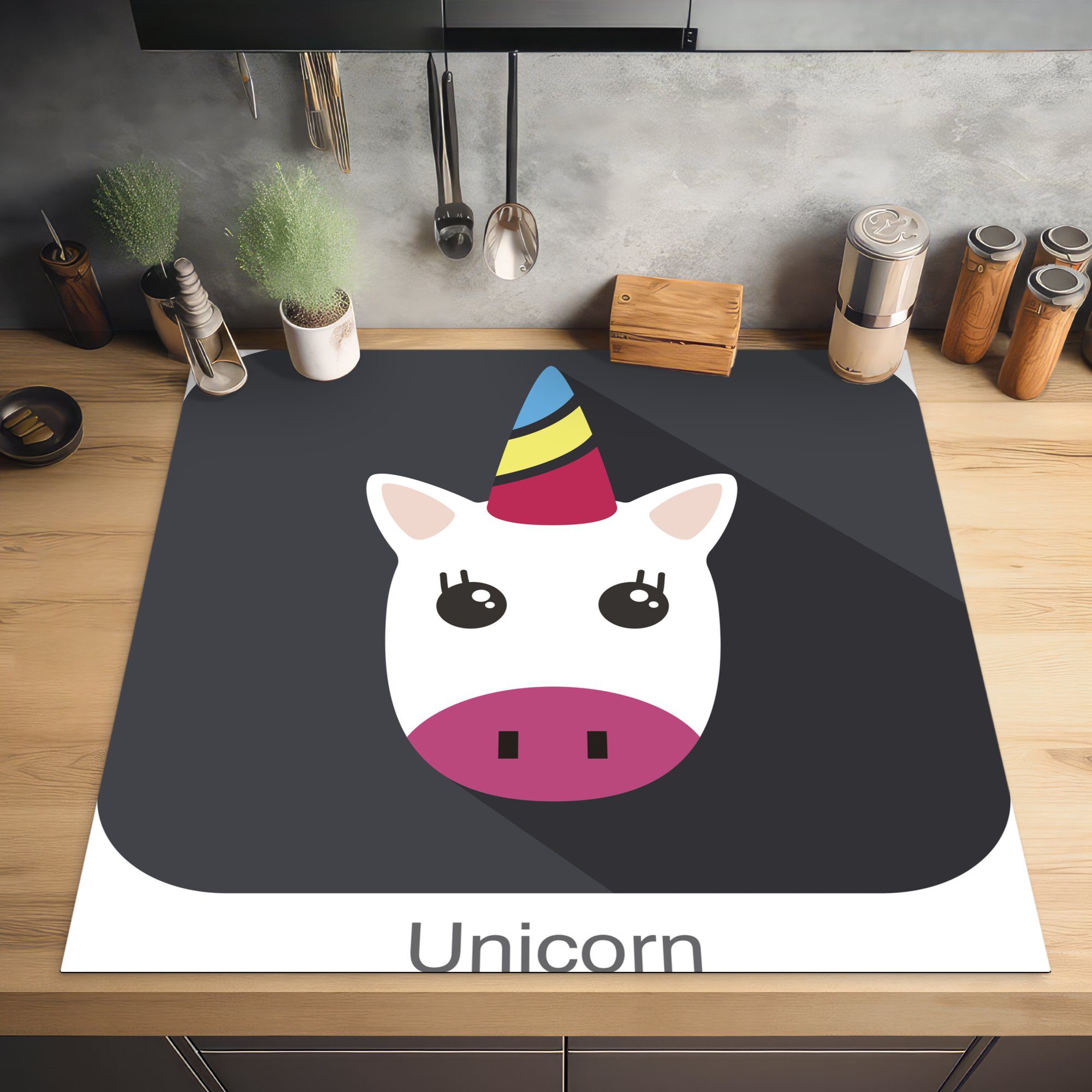 (1 Herdblende-/Abdeckplatte Illustration, Einhorn Logo cm, Ceranfeldabdeckung, für Vinyl, tlg), Kinder 78x78 küche MuchoWow Arbeitsplatte