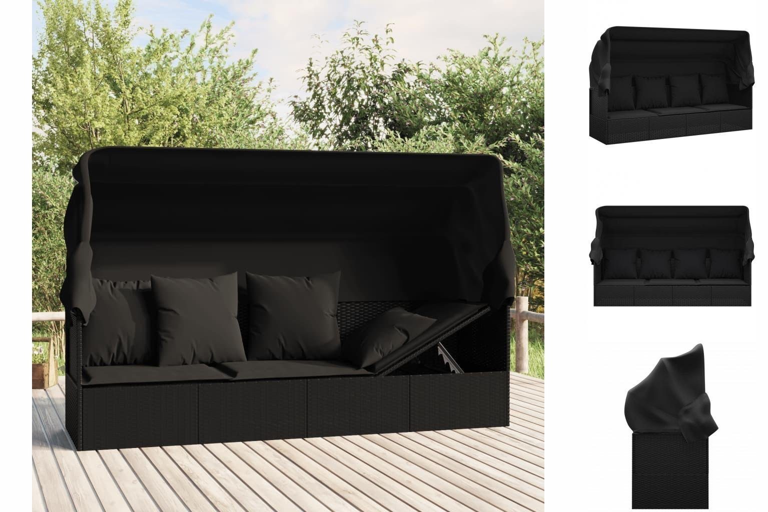 vidaXL Wellnessliege Gartenliege Outdoor-Loungebett mit Dach und Kissen Schwarz Polyrattan
