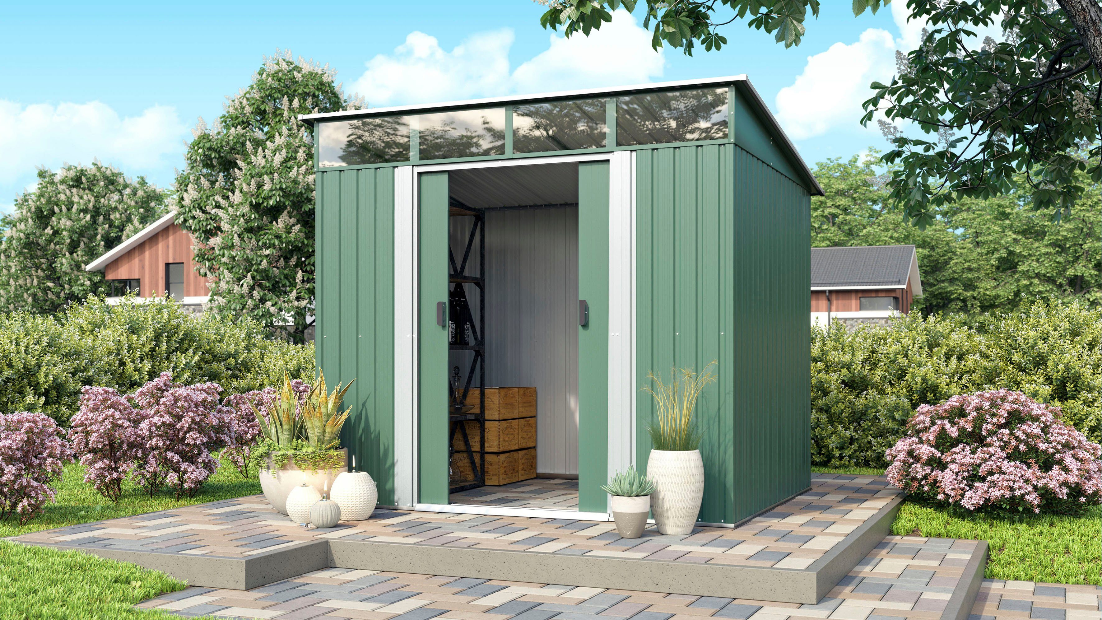 Pergart Gerätehaus Lübeck 86, BxT: 224x181 cm, Metall, mit Pultdach und Lichtband, tanne/weiß