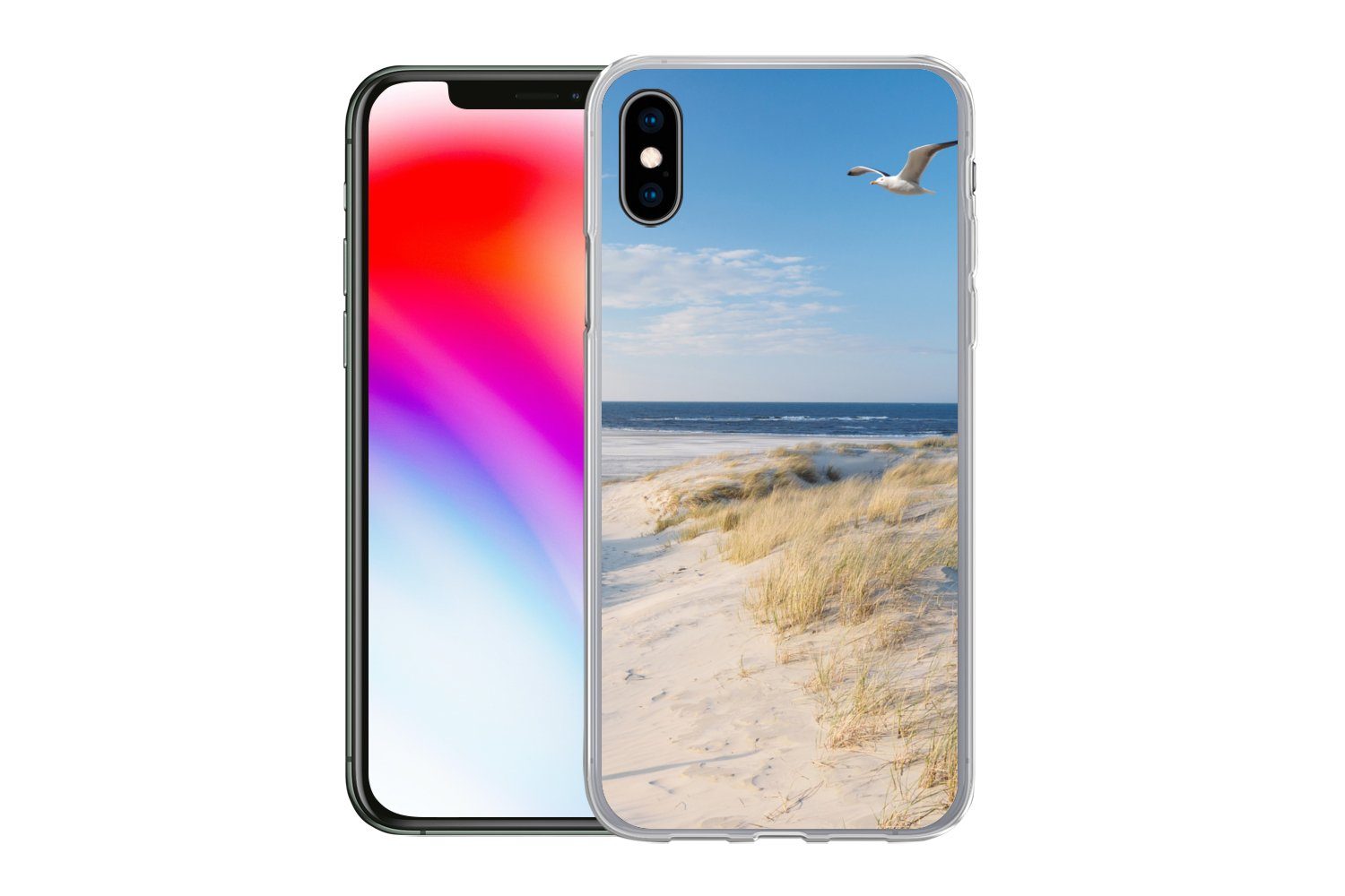 MuchoWow Handyhülle für Apple iPhone XS Düne - Möwe - Strand - Meer - Sonne, Smartphone-Bumper, Print, Handy Schutzhülle Dünn
