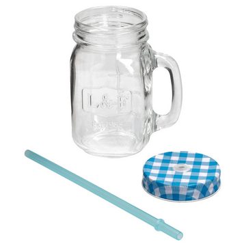 HIT Trading Glas 2er Set Glasbecher 0,5L mit Henkel, Deckel und Trinkhalm blau kariert, Glas