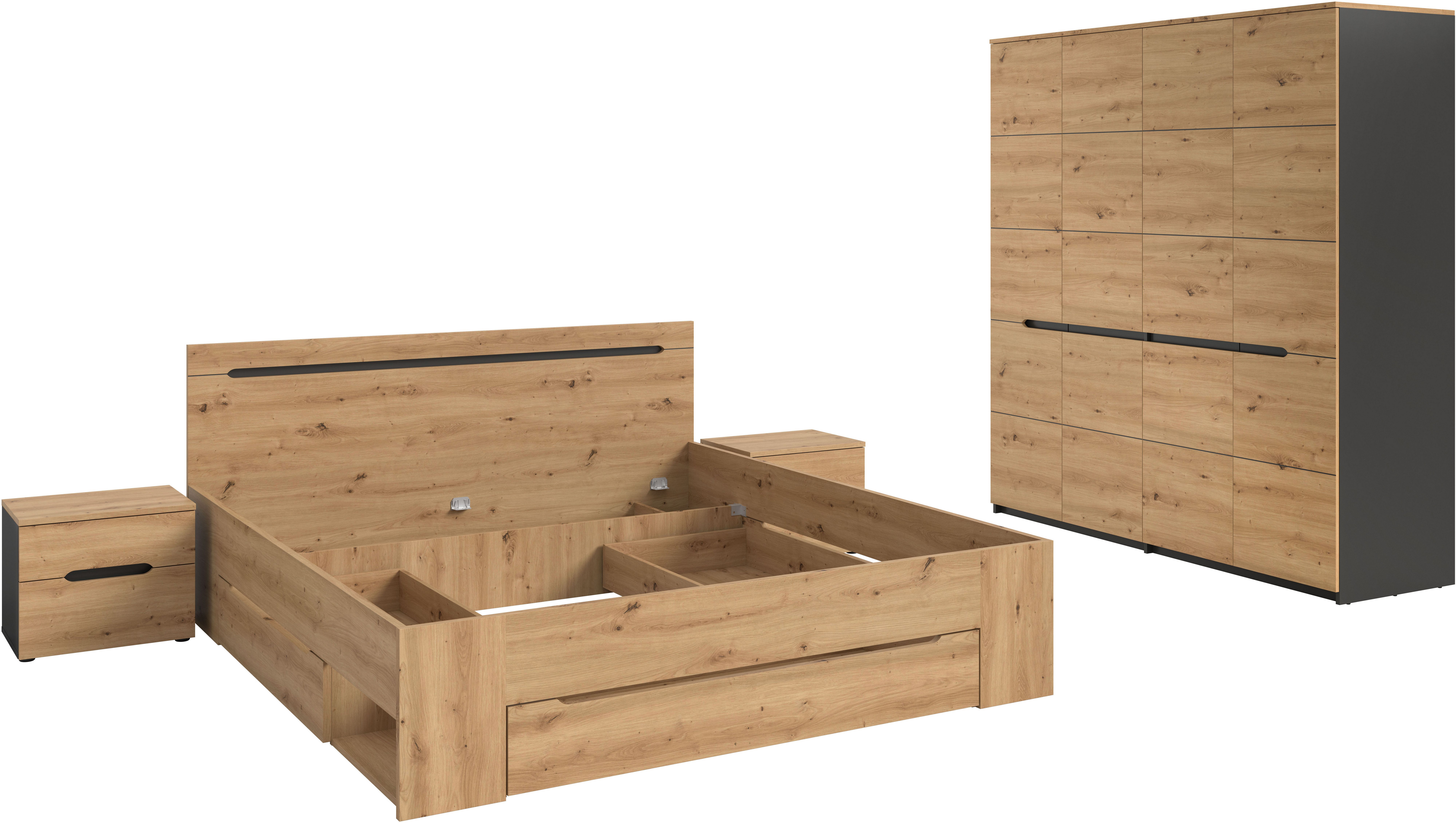 Home affaire Schlafzimmer-Set REHAT, 4-teilig, best. aus: Bett, Kleiderschrank & 2x Nachtkommode, (4-tlg., TOPSELLER!, für Matratzengröße 140x200 cm, viel Stauraum), Rehat, Schlafzimmerset, Bett 180x200 cm, Nachttisch, Kleiderschrank