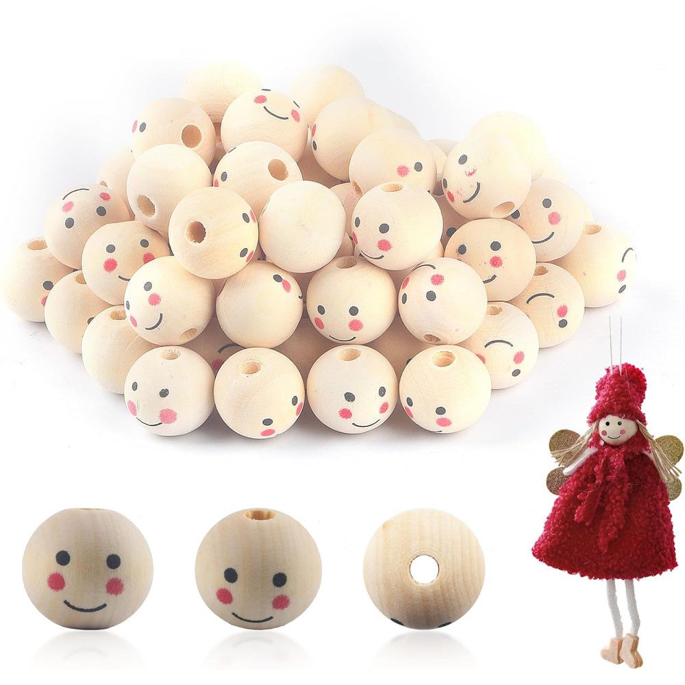 TUWENA Bastelperlen 60 Stück Holzperlen mit Gesicht, 20mm Natürliche Rund Kugel mit Loch, (60-tlg), DIY Holzkugeln Basteln Für DIY Puppenkopf, Schlüsselanhänger, Handwerk