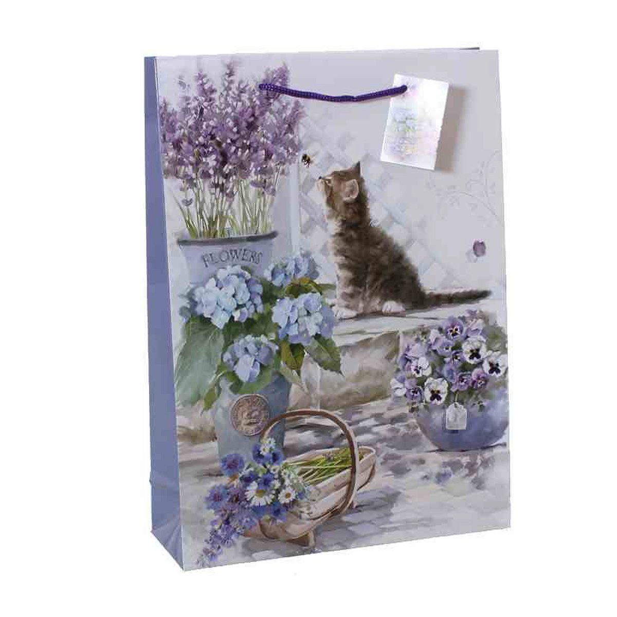 Linoows Gartenschere Geschenktüten, 10 x Papiertüten, Katze und Lavendel, Kätzchen in Viole, Große Papiertragetaschen