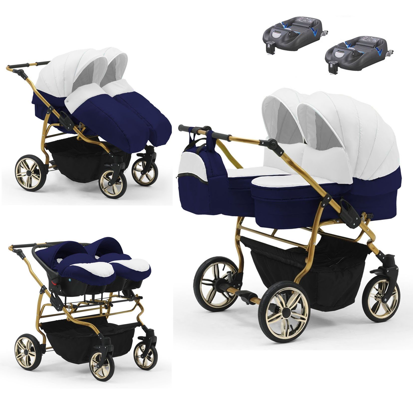 babies-on-wheels Zwillingswagen Zwillingswagen Duet Lux Gold 4 in 1 - 15 Teile - in 33 Farben Weiß-Navy
