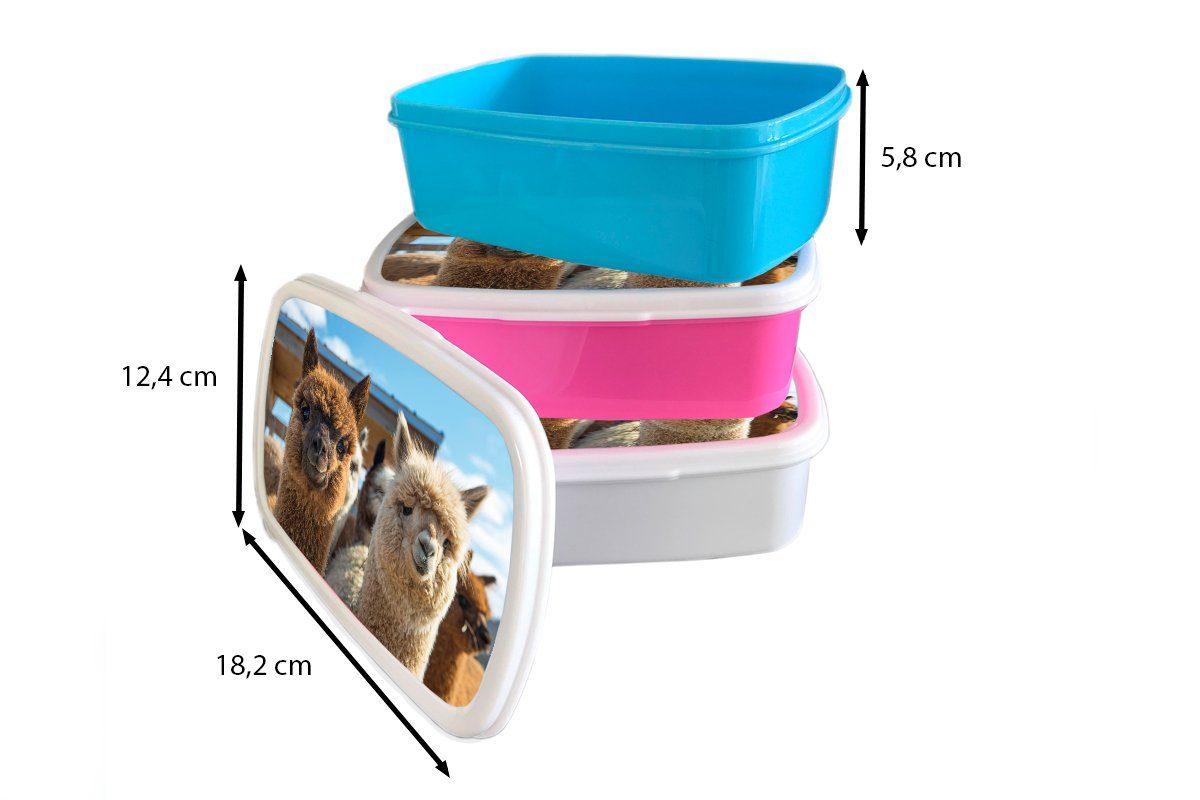 MuchoWow Lunchbox Alpaka - und (2-tlg), - Mädchen Brotbox Brotdose, für Fröhlich - Kunststoff, Kinder Braun für Weiß, Erwachsene, und Jungs