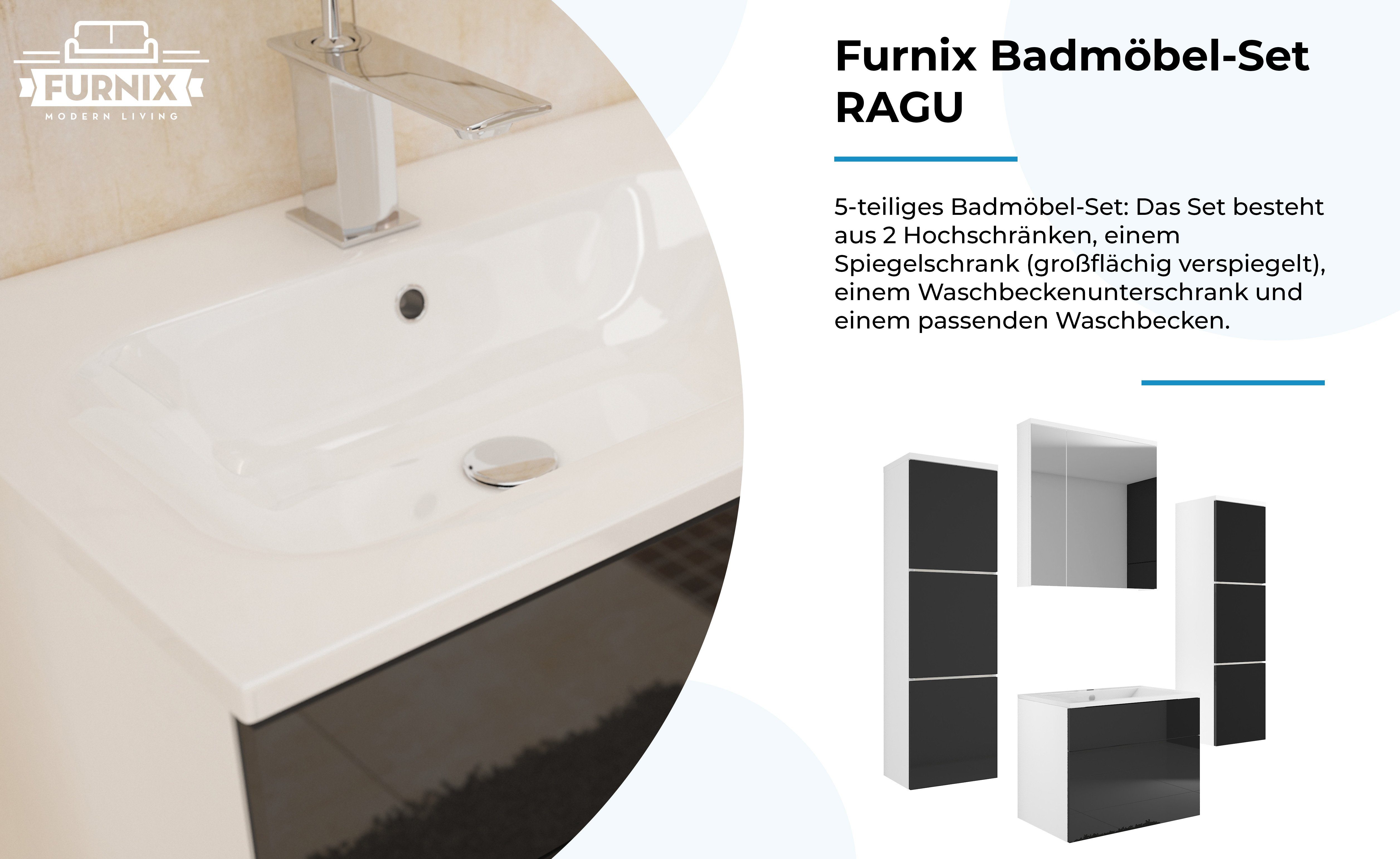 Furnix Badmöbel-Set RAGU 5-teilig, modern Hängeschränke Auswahl, 4 Waschbecken Push&Click Schwarz 