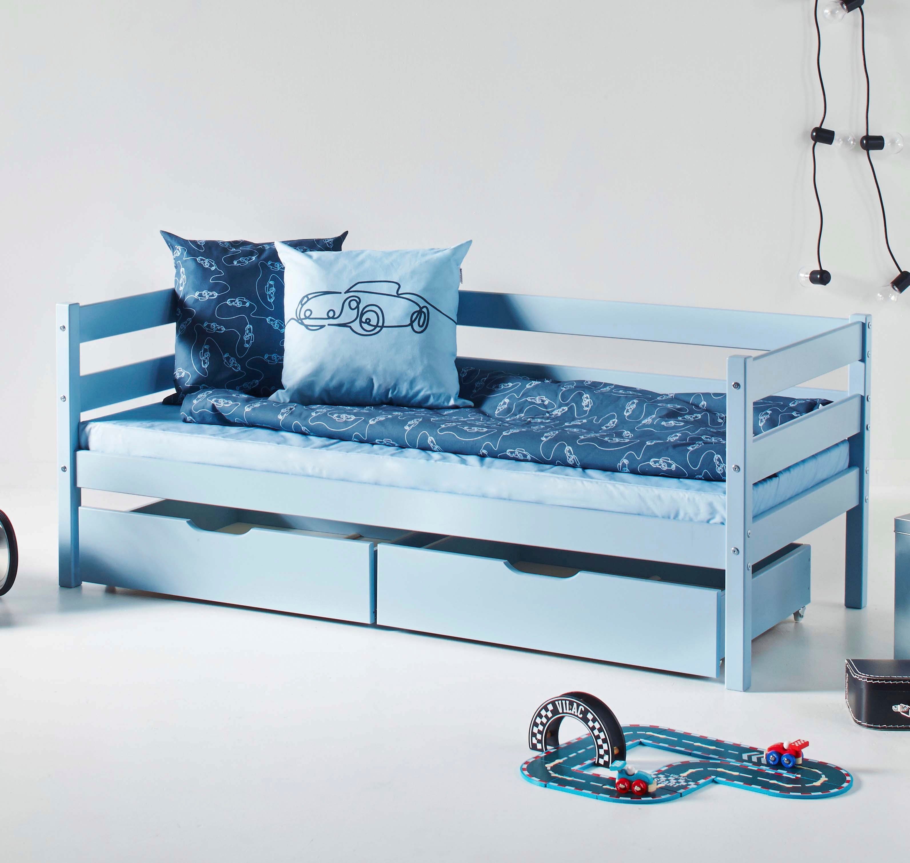 blau Hoppekids wahlweise ECO mit in Absturzsicherung mit Rollrost Matratze Einzelbett Farben, 8 (Set), und Comfort