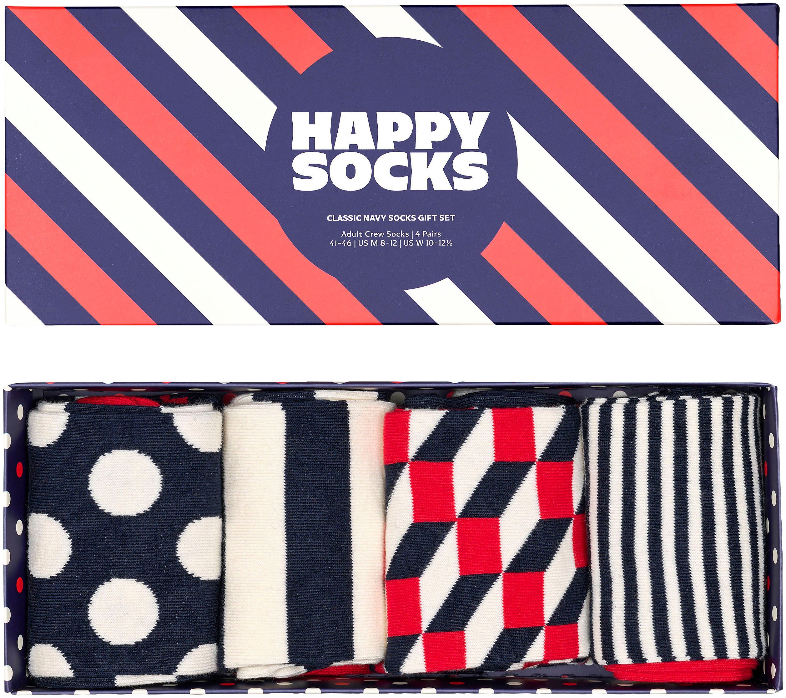 2 Navy Set Socken Classic 4-Pack 4-Paar) Classic (Packung, Happy Socks Socks Stripes Navy Gift Dots &
