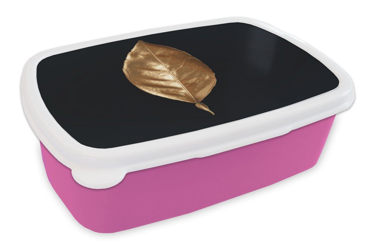 MuchoWow Lunchbox Blätter - Chic - Gold - Pflanzen - Schwarz, Kunststoff, (2-tlg), Brotbox für Erwachsene, Brotdose Kinder, Snackbox, Mädchen, Kunststoff rosa