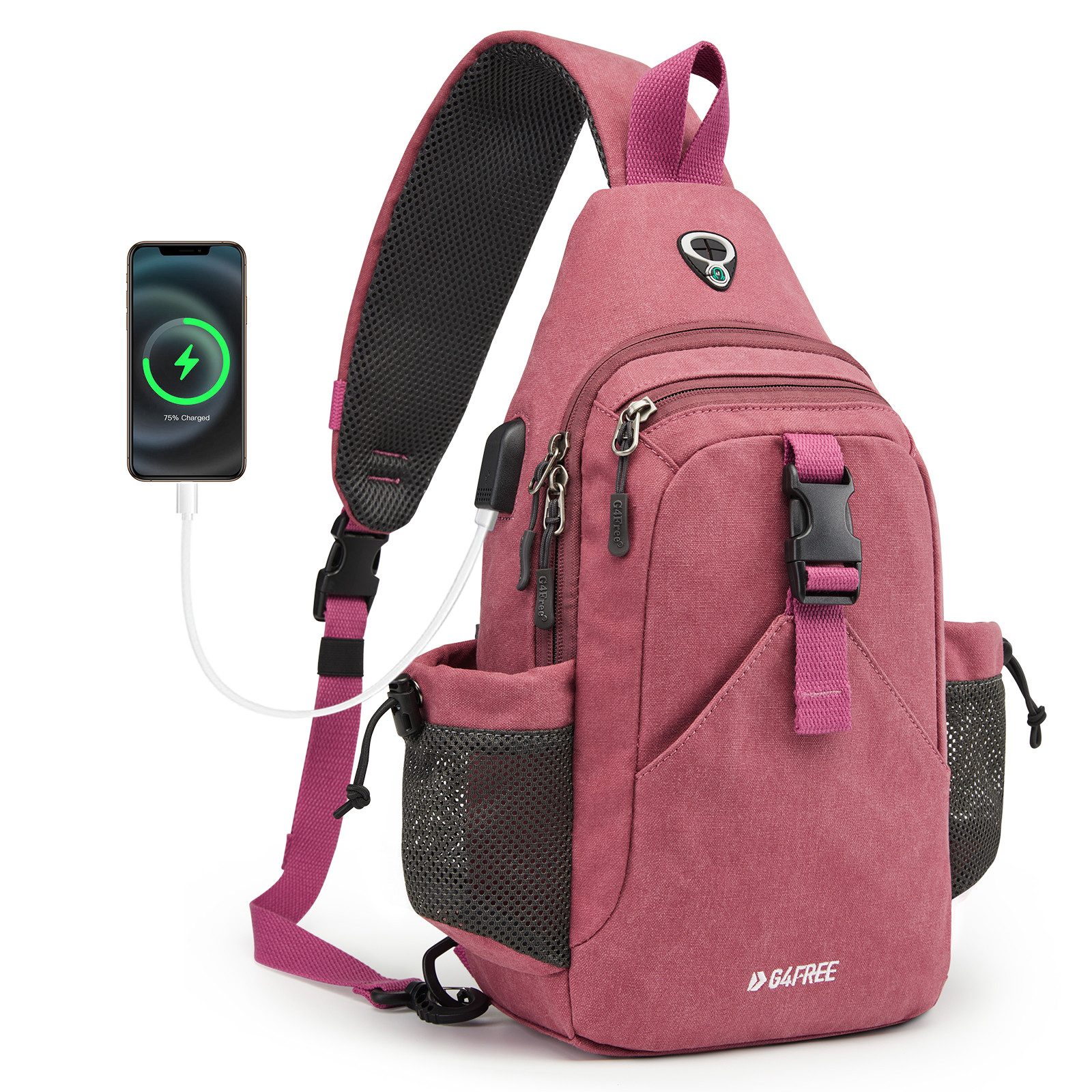 G4Free Trekkingrucksack G4Free Trekkingrucksack Umhängetasche Wanderrucksack Brusttasche, Canvas-Umhängetasche Rucksack mit USB-Ladeanschluss RFID-Blockierung