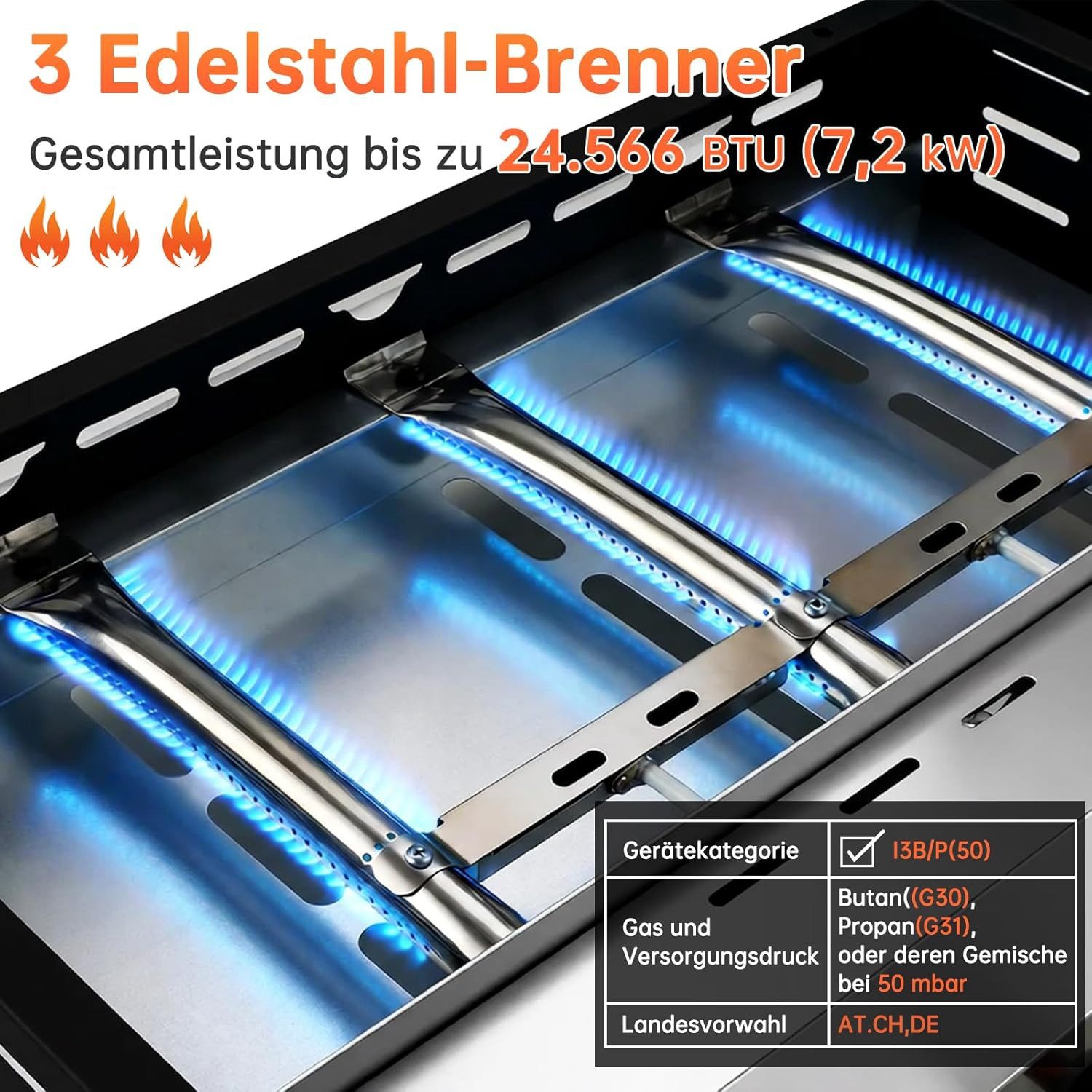 TLGREEN Gasgrill Tragbarer Tischgasgrill mit Deckel, 3 Edelstahl Brenner 7.2KW, 58×35cm Emaille Antihaft Grillplatte, Camping Gasgrill mit Piezo-Zündung & Fettauffangschale, Balkongrill für Terrasse Garten Picknick BBQ