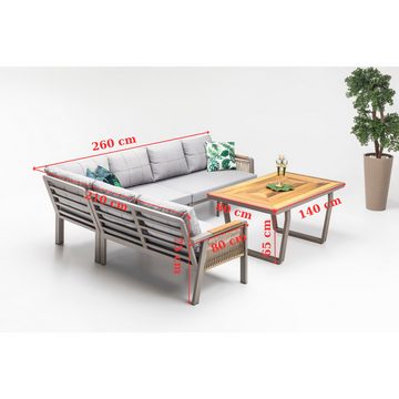 gowoll Gartenlounge-Set Premium Ecklounge mit Wetterfest Gartentisch Aluminium Möbelsets, (Sitz und Rückenkissen, Tisch mit 2x3 Sitzer und 2xStuhl), Armlehne aus Iroko-Holz