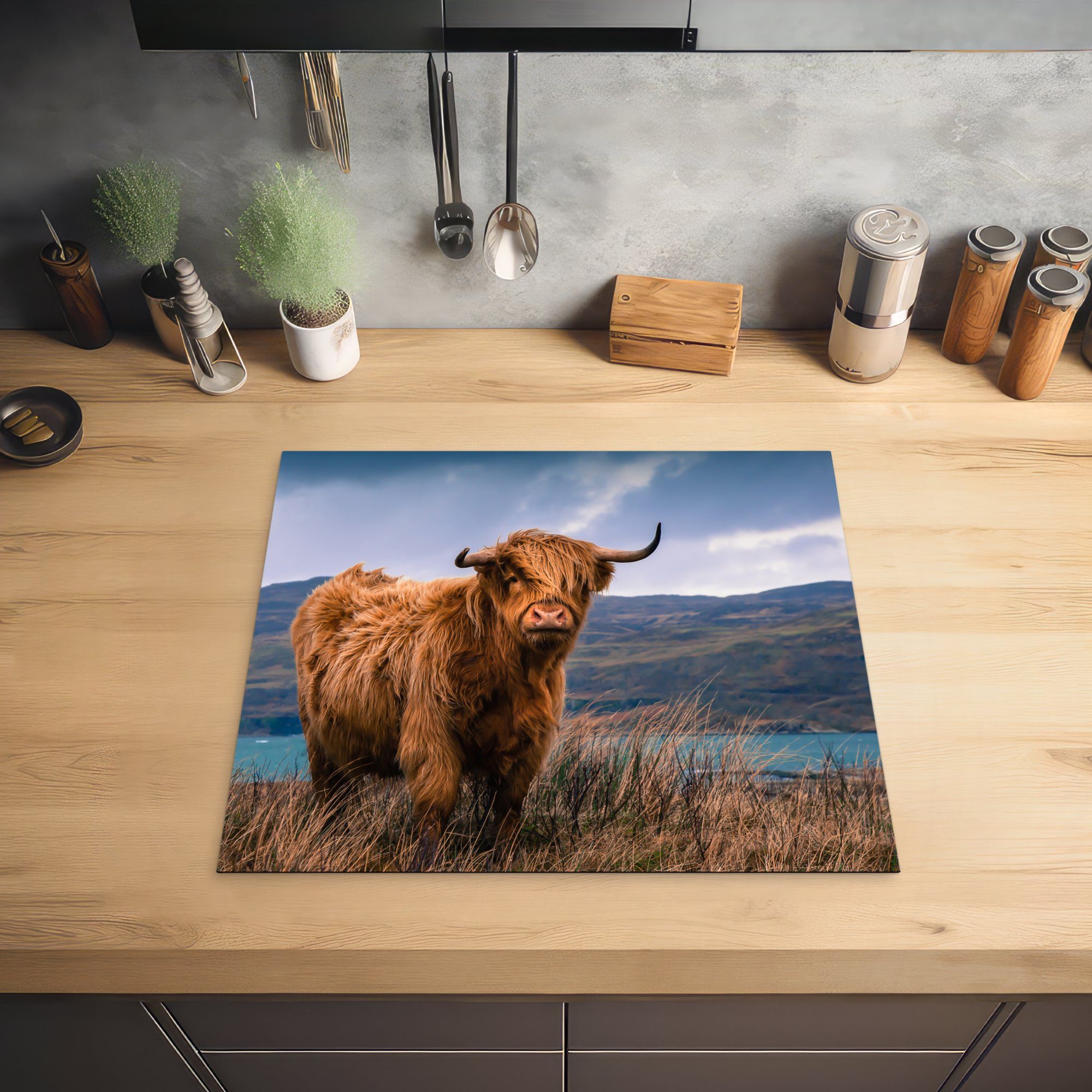 MuchoWow Herdblende-/Abdeckplatte Schottische Highlander die für cm, tlg), Himmel - - Vinyl, (1 küche, Natur, Ceranfeldabdeckung Induktionsmatte 59x52