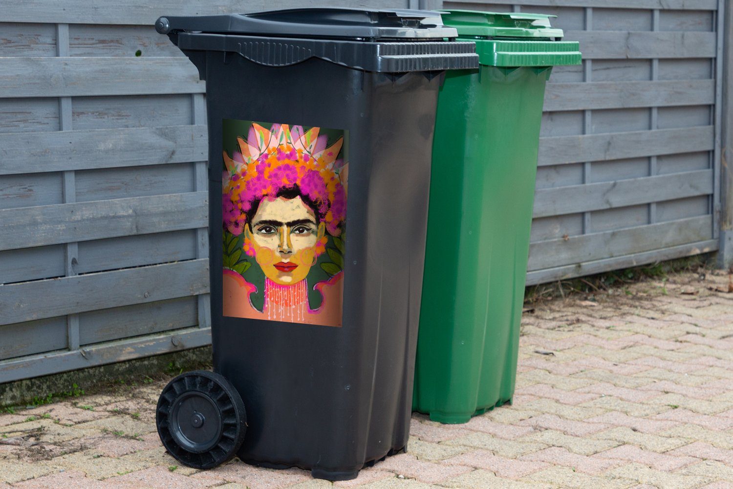 MuchoWow Wandsticker Farben - Frau Rosa Porträt Mülleimer-aufkleber, (1 Mülltonne, Sticker, Container, - - Abfalbehälter St)