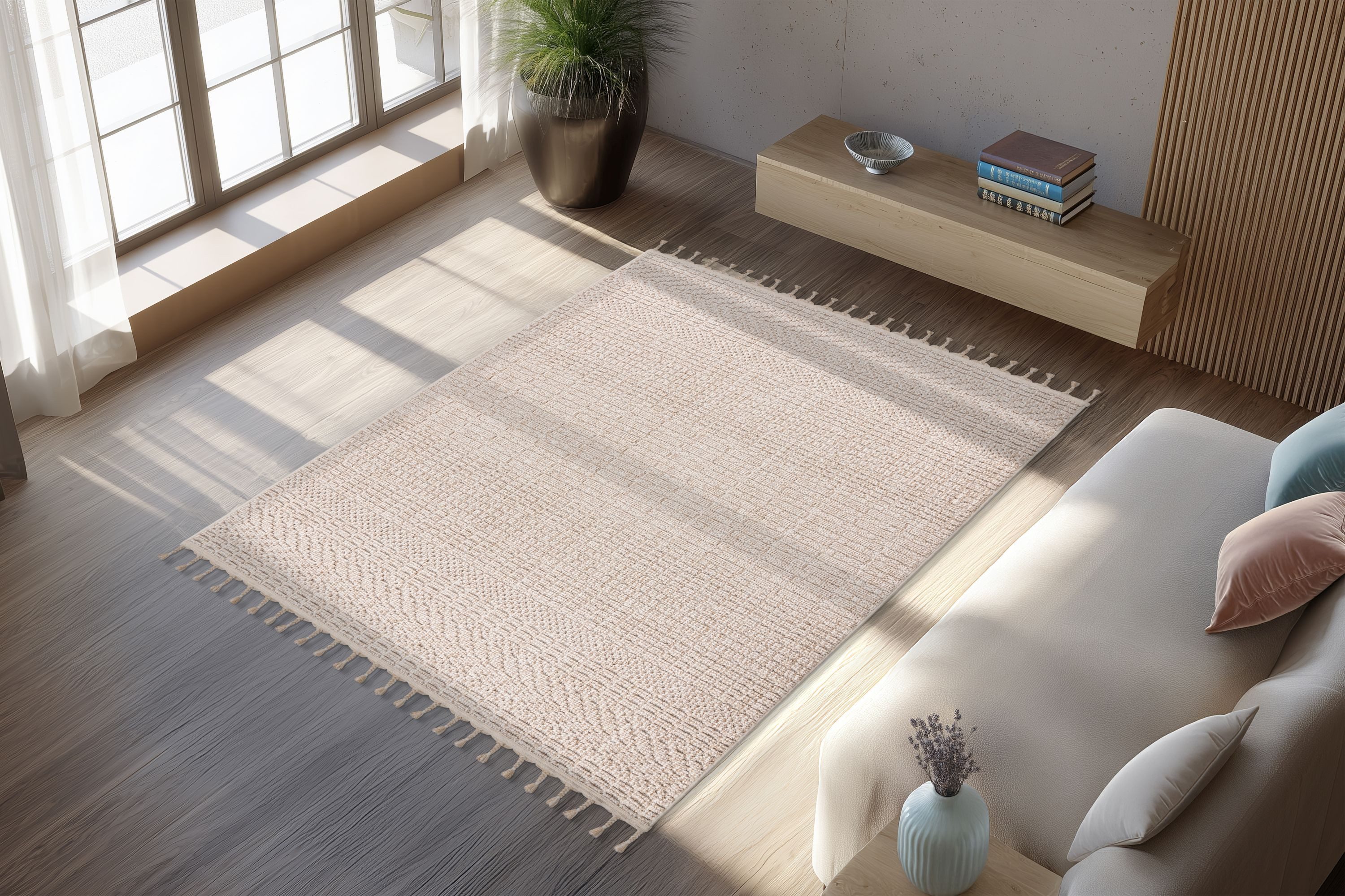 Kayoom Teppich Reef 125, rechteckig, Höhe: 9 mm, Kurzflor, Struktur, mit Fransen, Wohnzimmer