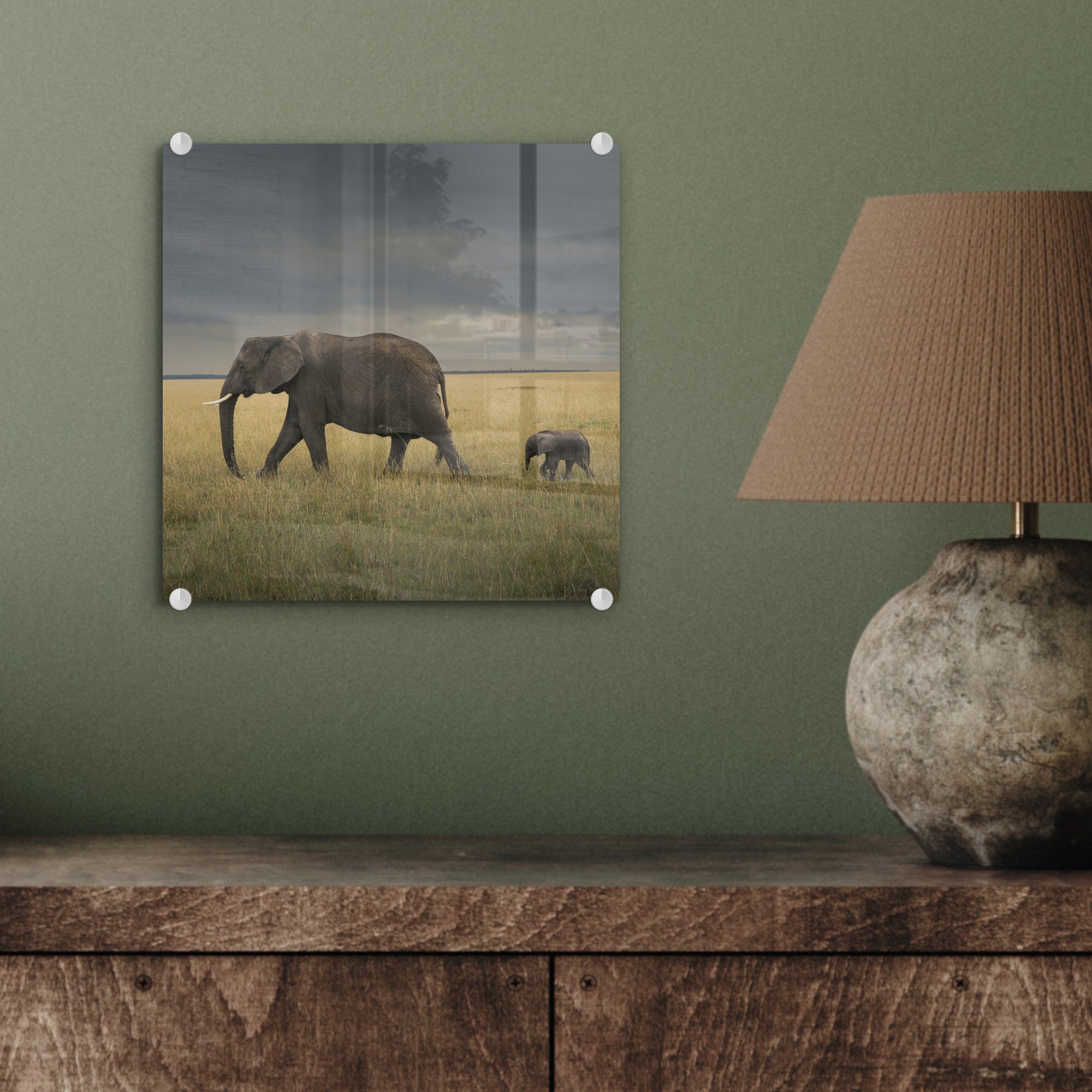 Glas Elefant St), Acrylglasbild Glasbilder Glas Wanddekoration - Bilder - auf Savanne Wandbild MuchoWow Natur, - - - - Foto (1 Tiere auf