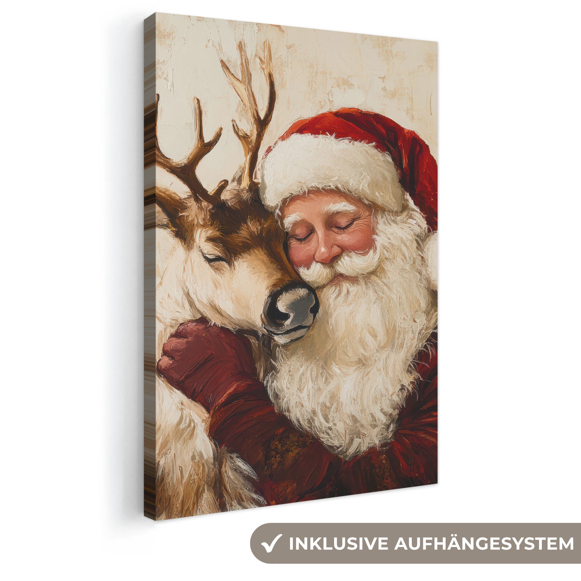 OneMillionCanvasses® Leinwandbild Weihnachtsmann - Rentier - Weihnachten, Fotodruck (1 St), Leinwand Canvas Wandbild, Wanddekoration 20x30 cm