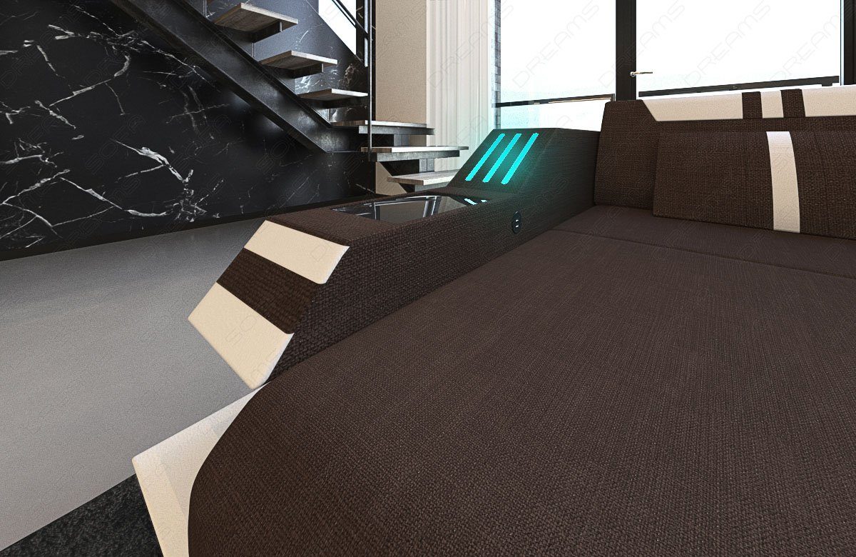 XXL Ravenna Bettfunktion Stoffsofa, mit Dreams Strukturstoff Sofa Couch Wohnlandschaft Stoff braun-weiß wahlweise H Sofa Polster