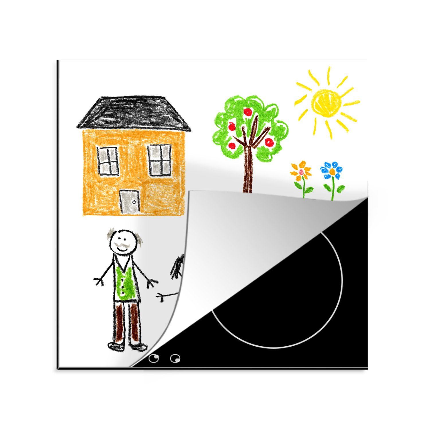 MuchoWow Herdblende-/Abdeckplatte Illustration einer Familie mit einem Haus, Vinyl, (1 tlg), 78x78 cm, Ceranfeldabdeckung, Arbeitsplatte für küche