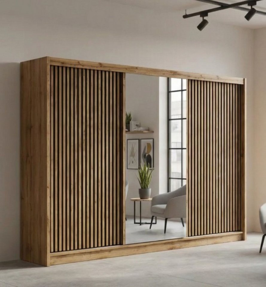 COMBO Schiebetürenschrank Kleiderschrank Schiebetüren 250x215x60cm Spiegel Wotan Eiche 3 Türen Schwebetürenschrank Lamellen Kleiderstange Schubladen Regalfächer