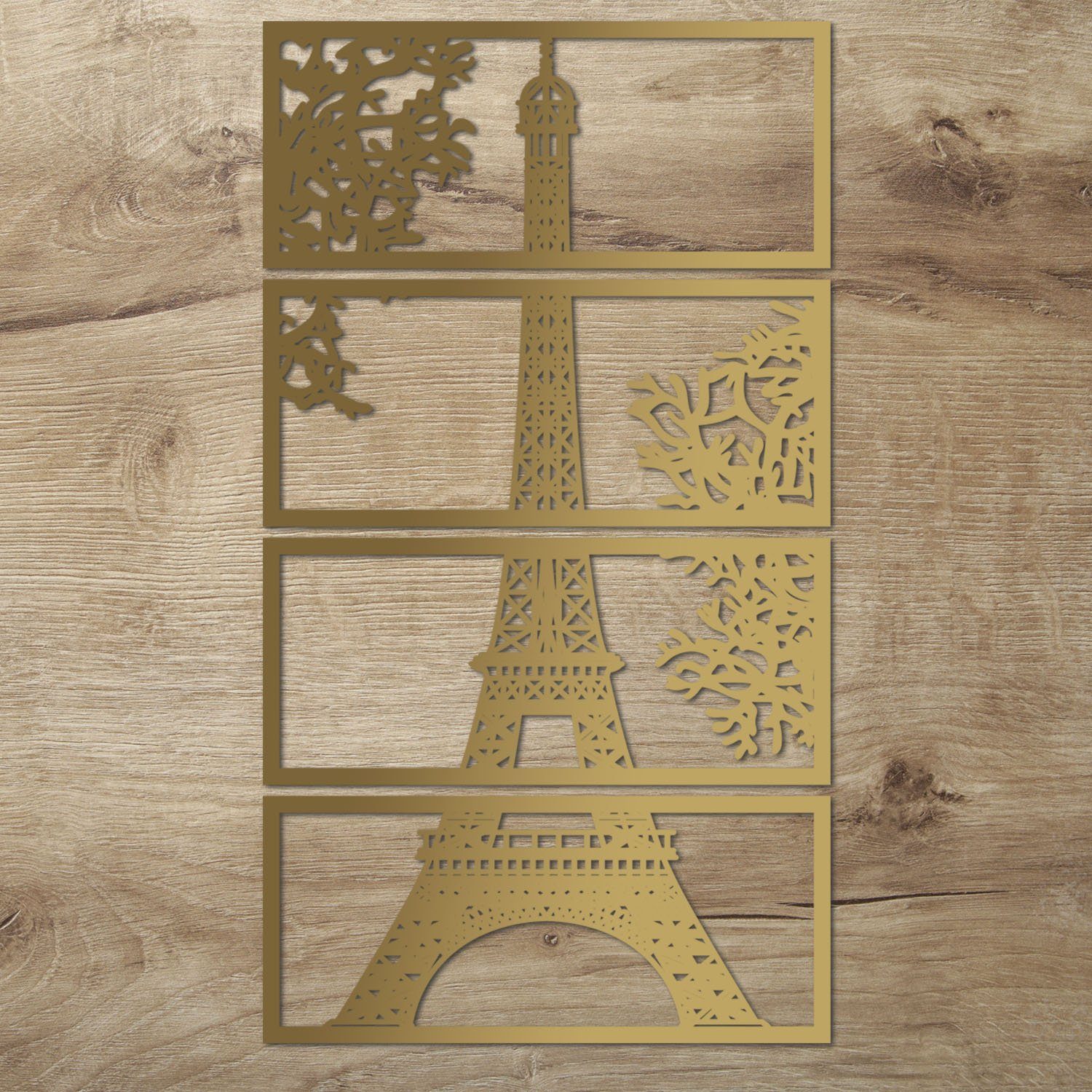 Namofactur Wanddekoobjekt XXL Eiffelturm Holz Wandbild Paris Wanddeko Wohnzimmer Schlafzimmer (6mm, 4-teilig), 3D-Wandtattoo Eiffelturm Paris gerahmt Wandgestaltung für dein Zuhause