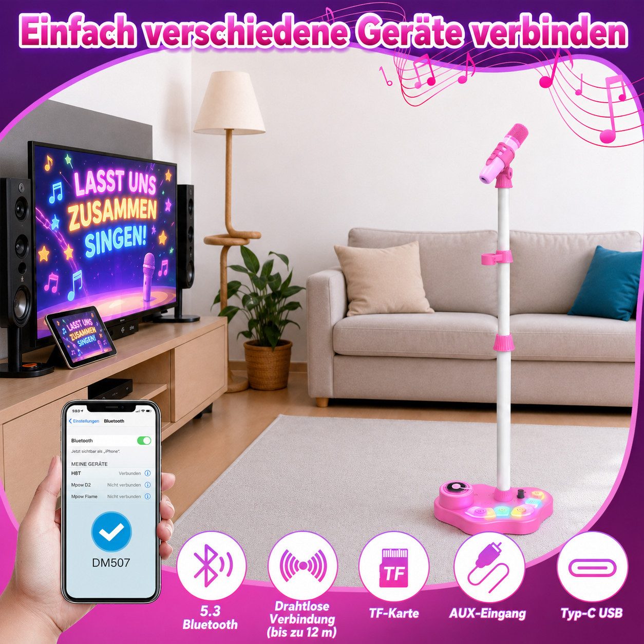 Wootoy Kinder Karaoke-Set 2 kabellosen Mikrofonen höhenverstellbarem Ständer Karaoke-Maschine (mit 5 Stimmeffekte Fußpedal LED-Lichteffekte integrierter Tragegriff)
