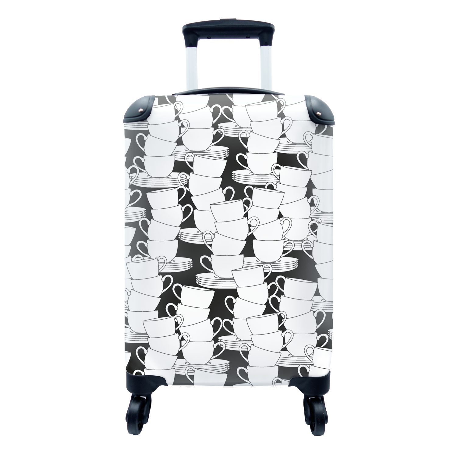 Muster mit für Rollen, - Reisetasche Handgepäck Weiß MuchoWow Tee, rollen, Schwarz Trolley, Ferien, Handgepäckkoffer - - Reisekoffer Tassen und 4