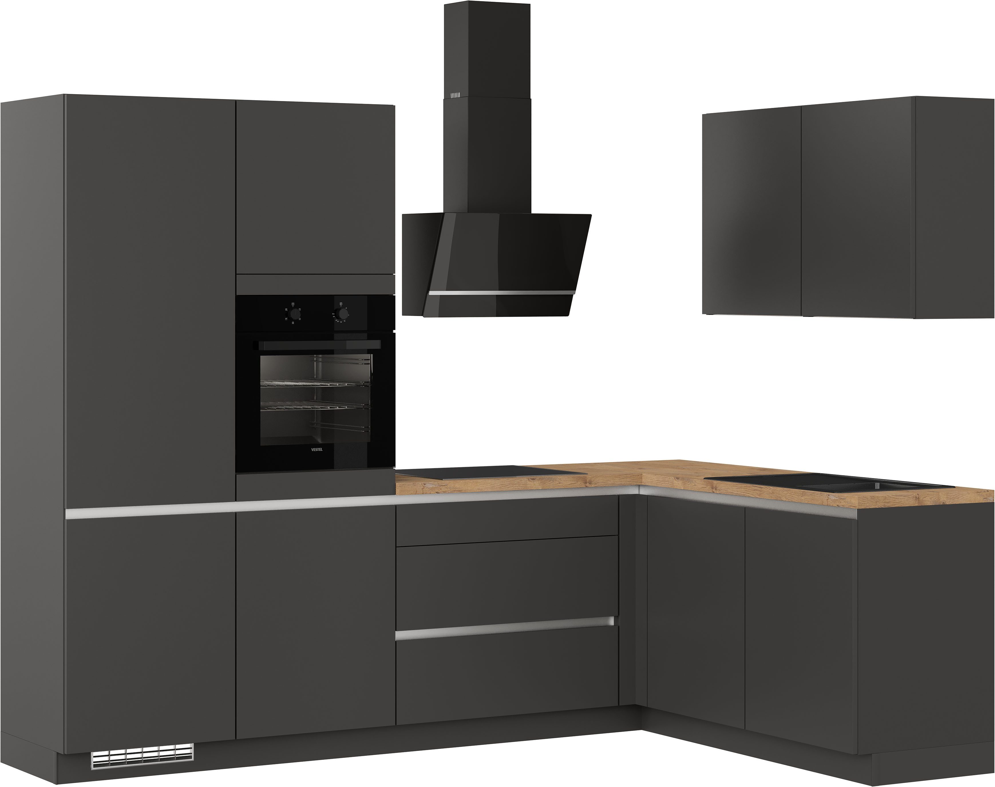 IMPULS KÜCHEN Winkelküche "Dublin", Anti Fingerprint Oberfläche, Schubkästen mit Soft-Close, vormontiert, wahlweise mit E-Geräten, mit Vollauszug, Breite 460 cm