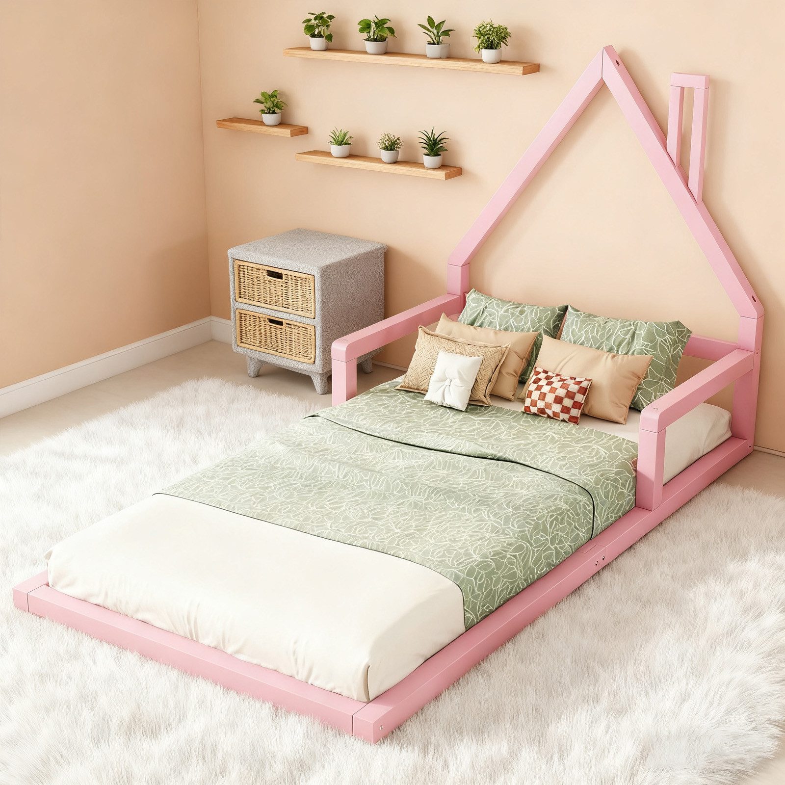 MODFU Kinderbett Flachbett aus massivem Kiefernholz mit Hausform (Holzbett, minimalistisches Design, 90x200 cm), Inklusive Matratze