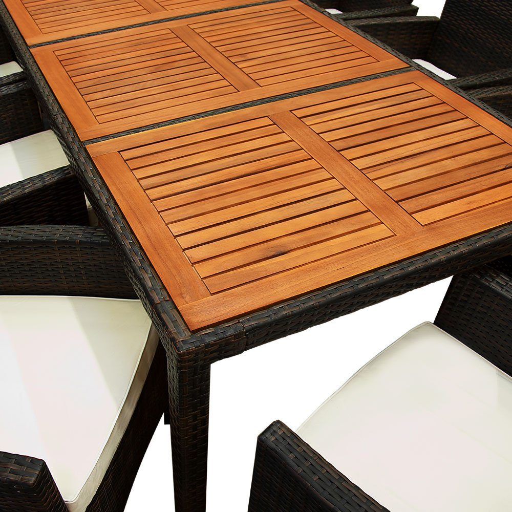 Sitzgruppe Gartentisch 8 Holz 190x90cm Stühle Polyrattan Auflagen Palermo, 7cm Akazie Casaria