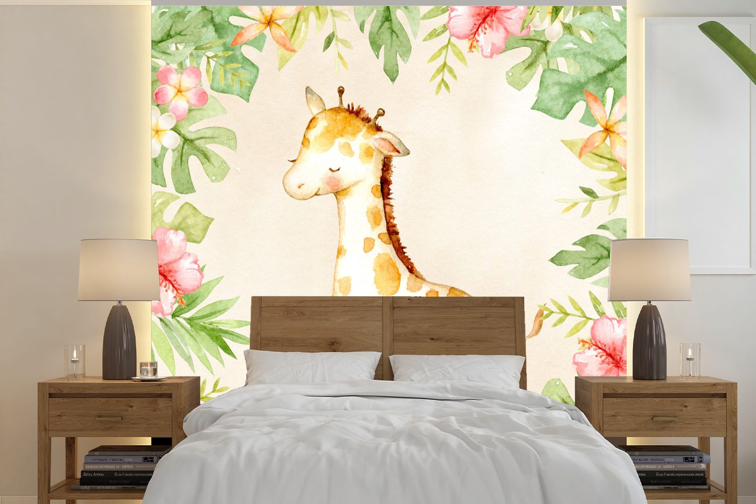 MuchoWow Fototapete Giraffe - Dschungel - Aquarell, Matt, bedruckt, (5 St), Vinyl Tapete für Wohnzimmer oder Schlafzimmer, Wandtapete