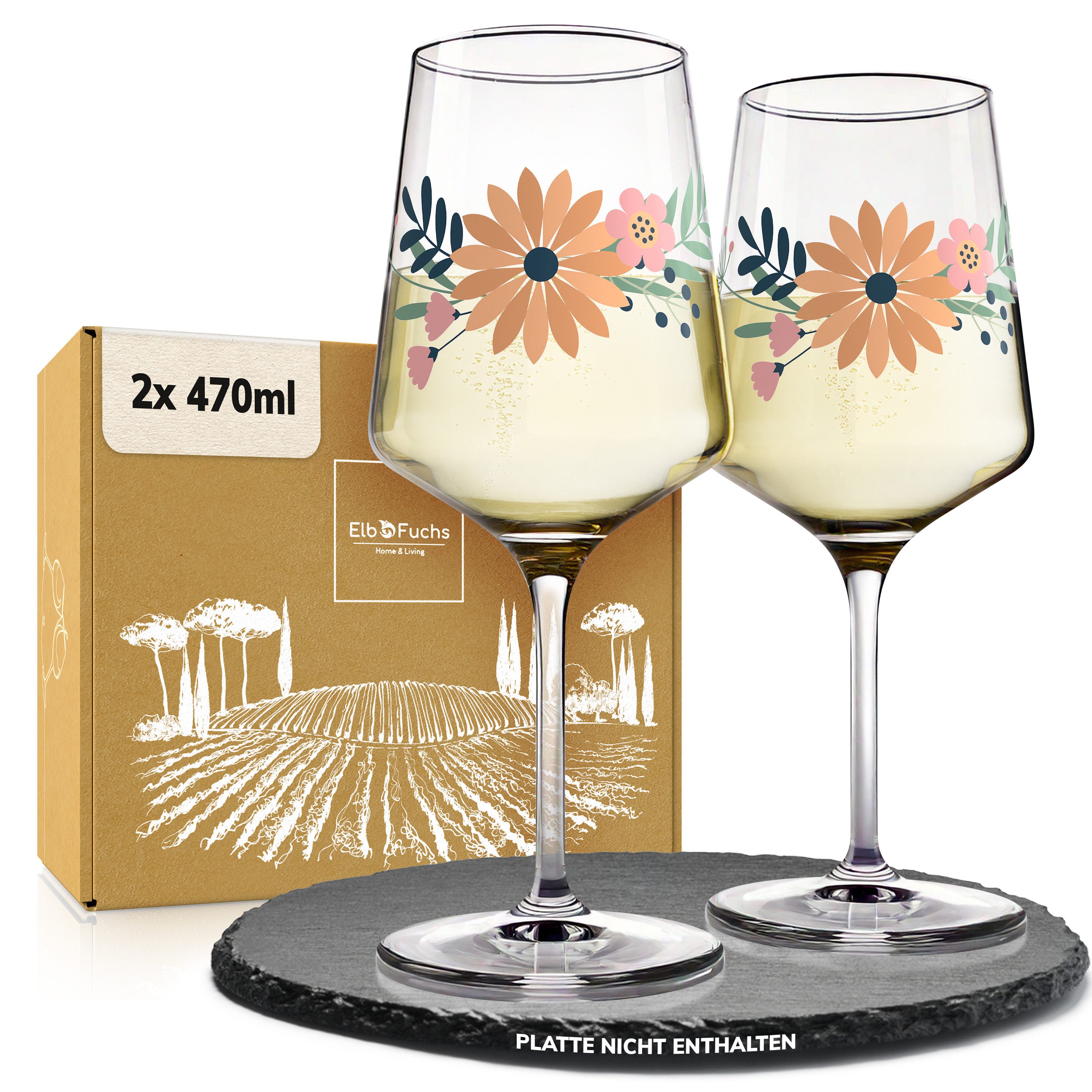 ElbFuchs Aperitifglas Amber Bloom mit Blütenmotiv, 2-tlg., Borosilikatglas, 470 ml, Spülmaschinenfest