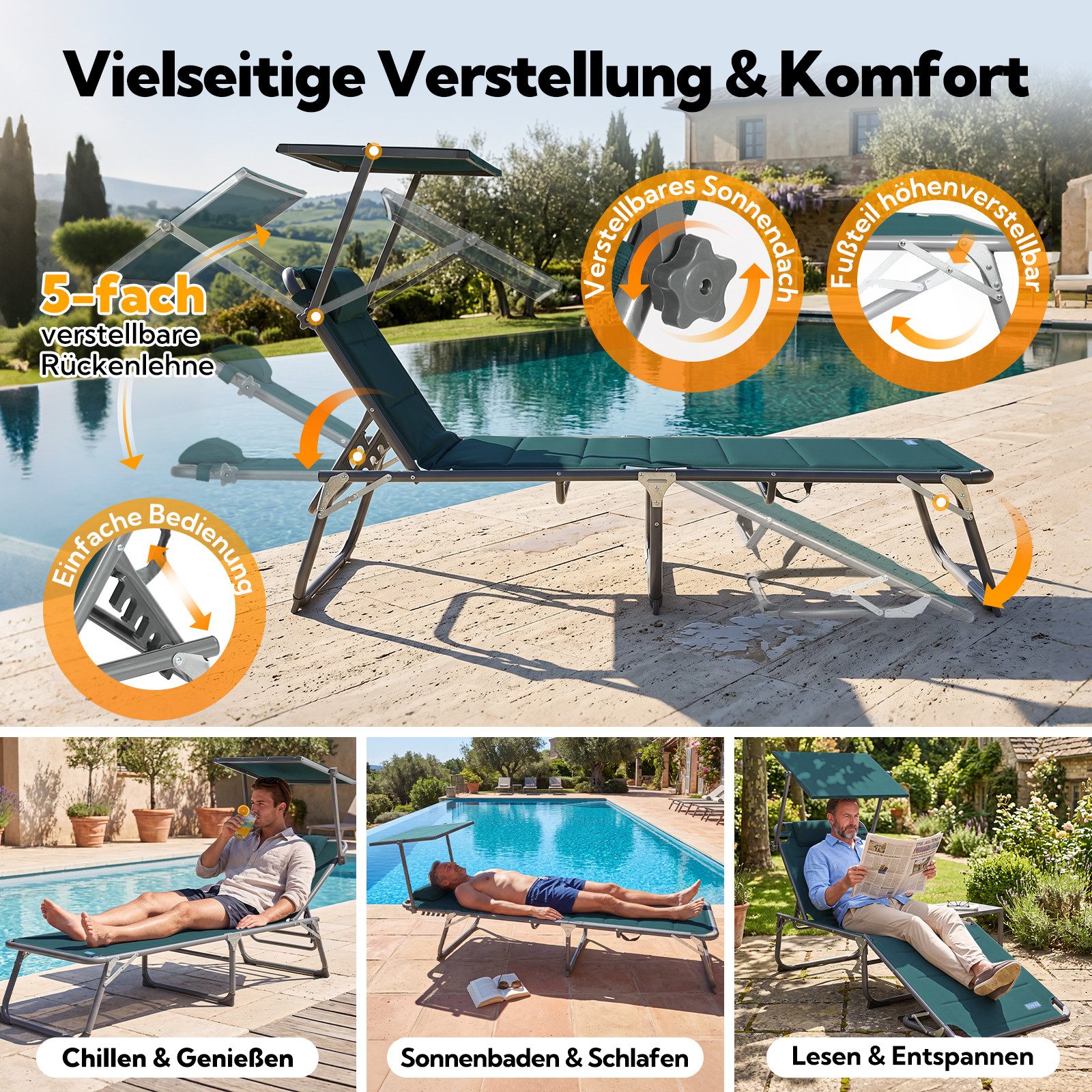 HOMECALL Gartenliege Sonnenliege AluLiege Liegestuhl Strandliege Liegen wetterfest, klappbar, Textilene Mit Dickemschnelltrocknende Schaumstoffpolsterung, Verst – Bild 3 von 5
