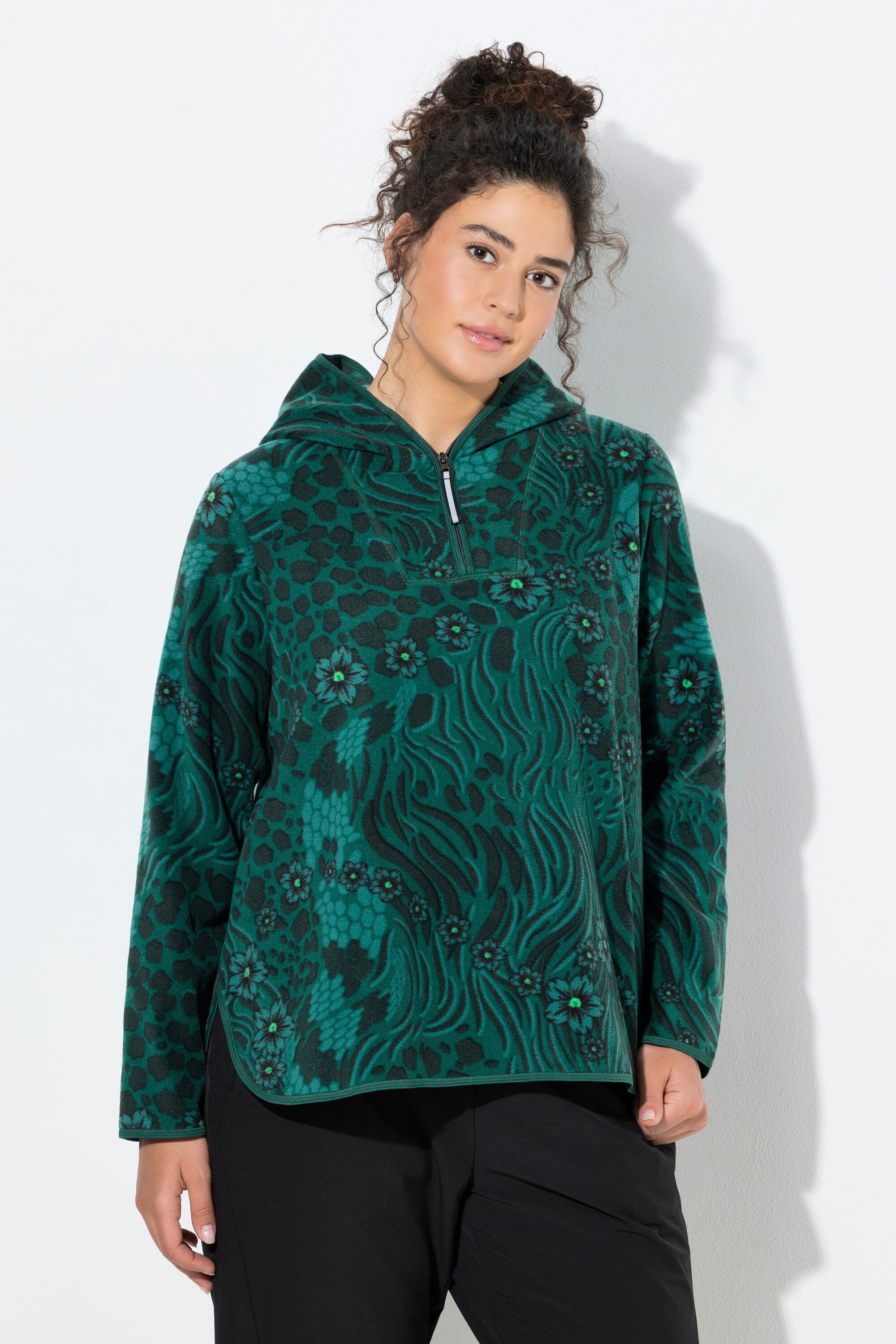 Ulla Popken Sweatshirt Fleece-Hoodie kurz Blüten-/Leomuster Kapuze