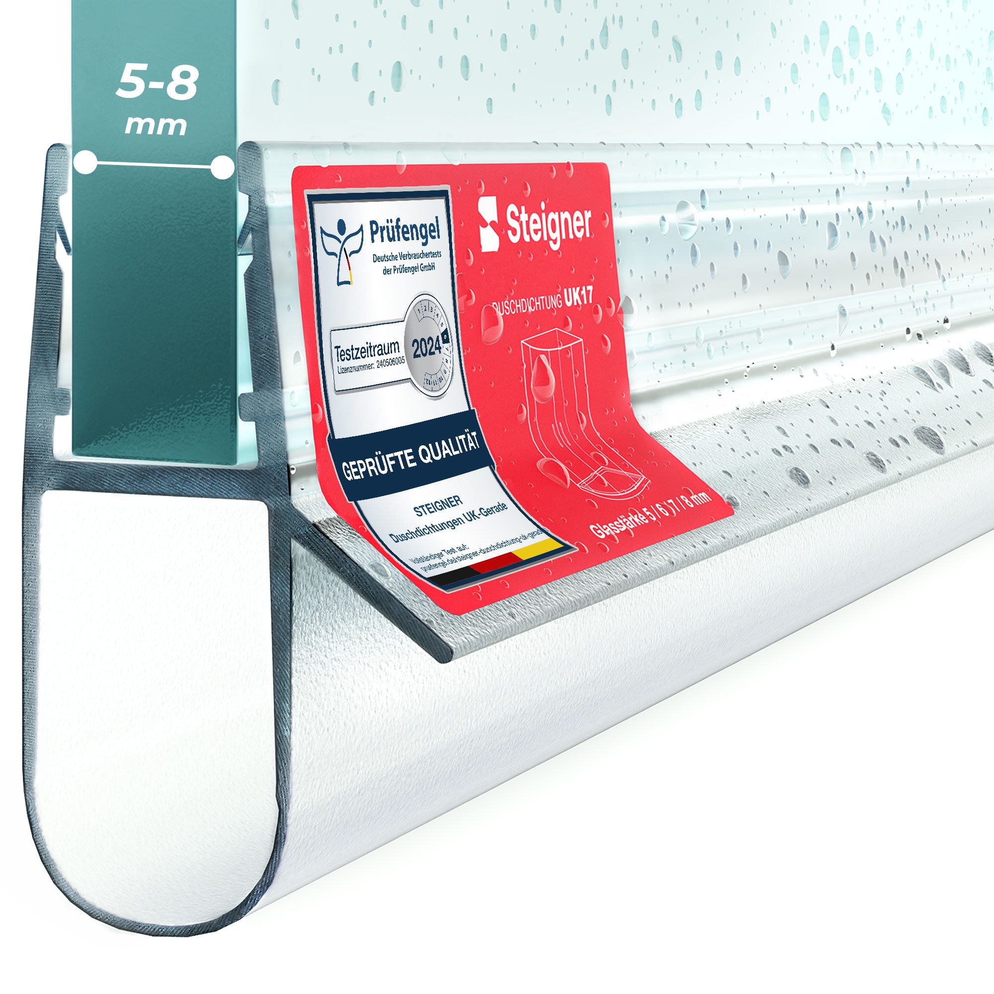 STEIGNER Duschdichtung Duschtürdichtung Gerade UK17 30 cm (1 Stk) Transparent 5-8 mm, L: 30 cm, (1 Stück Packung, Einzeldichtung), Dichtung für Eckeinstieg Dusche oder Fünfeckdusche mit Duschtür