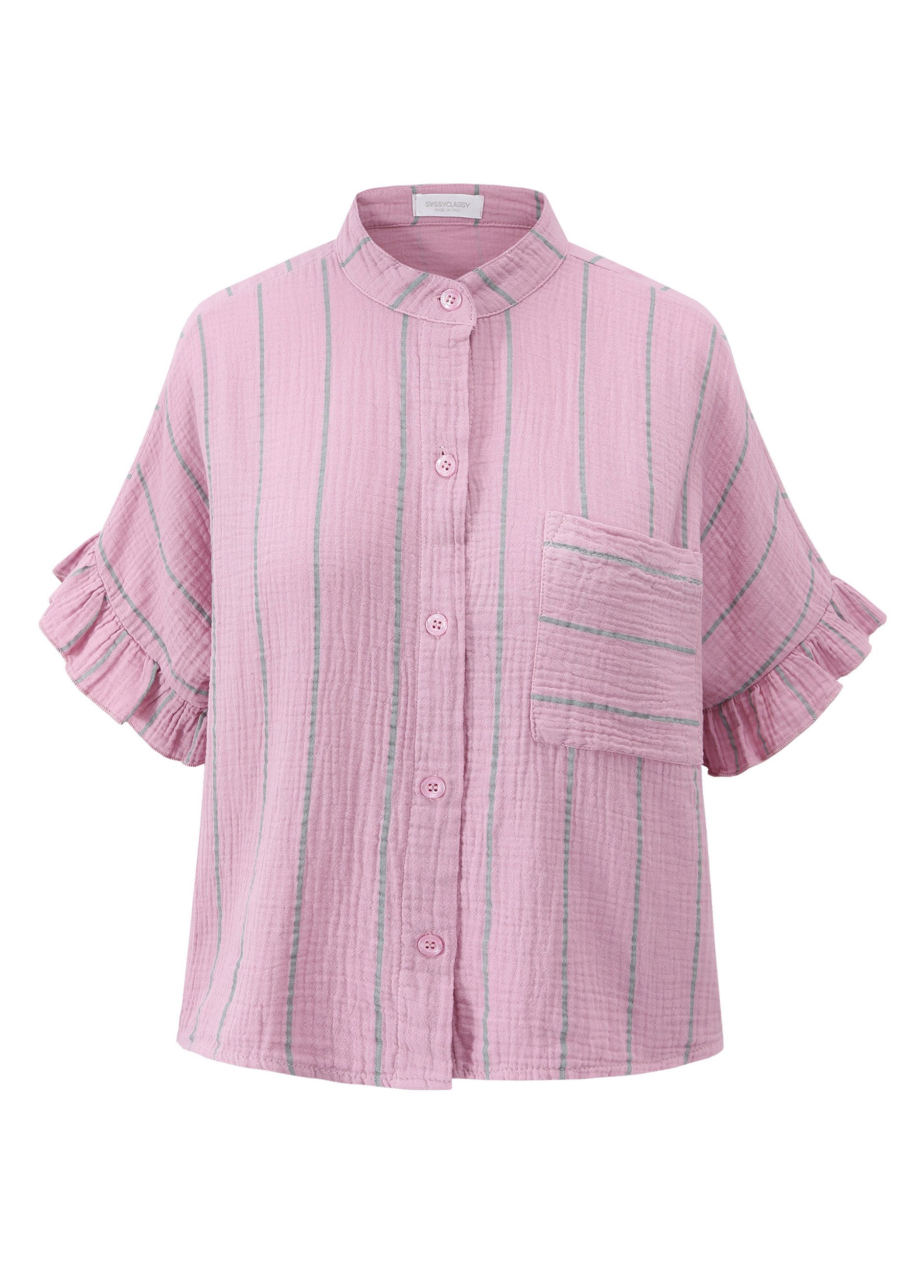 SASSYCLASSY Langarmbluse Gestreifte Musselin Bluse mit Volants Damen Mussel günstig online kaufen